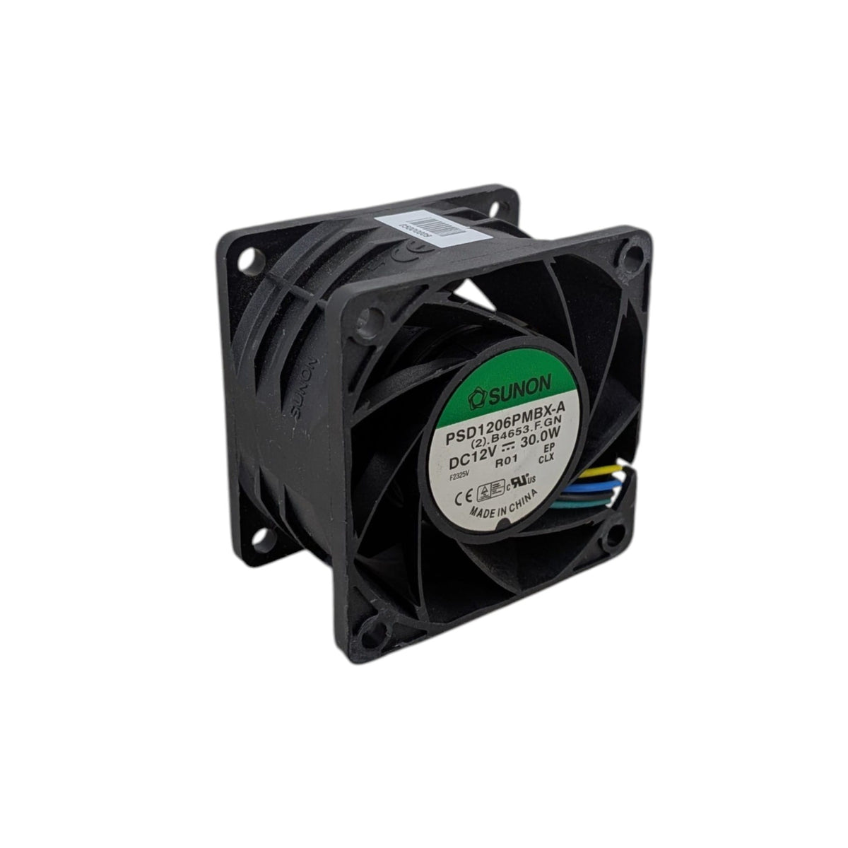 SUNON 12V 30W 工業風扇側面特寫，突出其 38mm 厚度帶來的高風壓優勢。