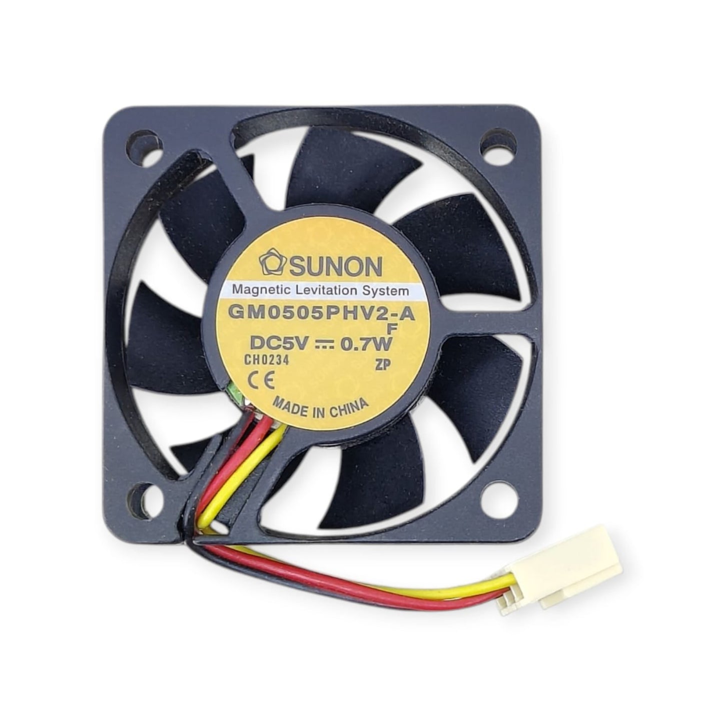 Front view of the Sunon 50mm MagLev fan model GM0505PHV2-A, showing the 5V 0.7W sticker.