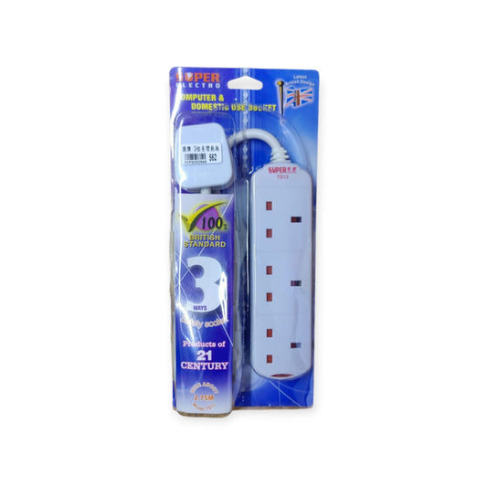 SUPER ELECTRO 3-way extension lead with a BS1363 UK plug, shown in its retail packaging.