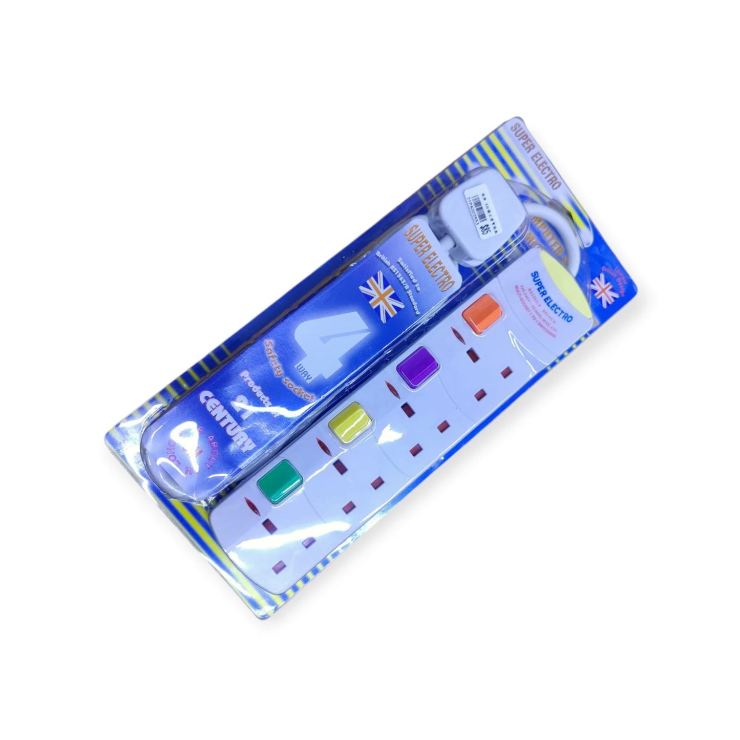 Super Electro 4-way extension lead with colourful individual power switches.