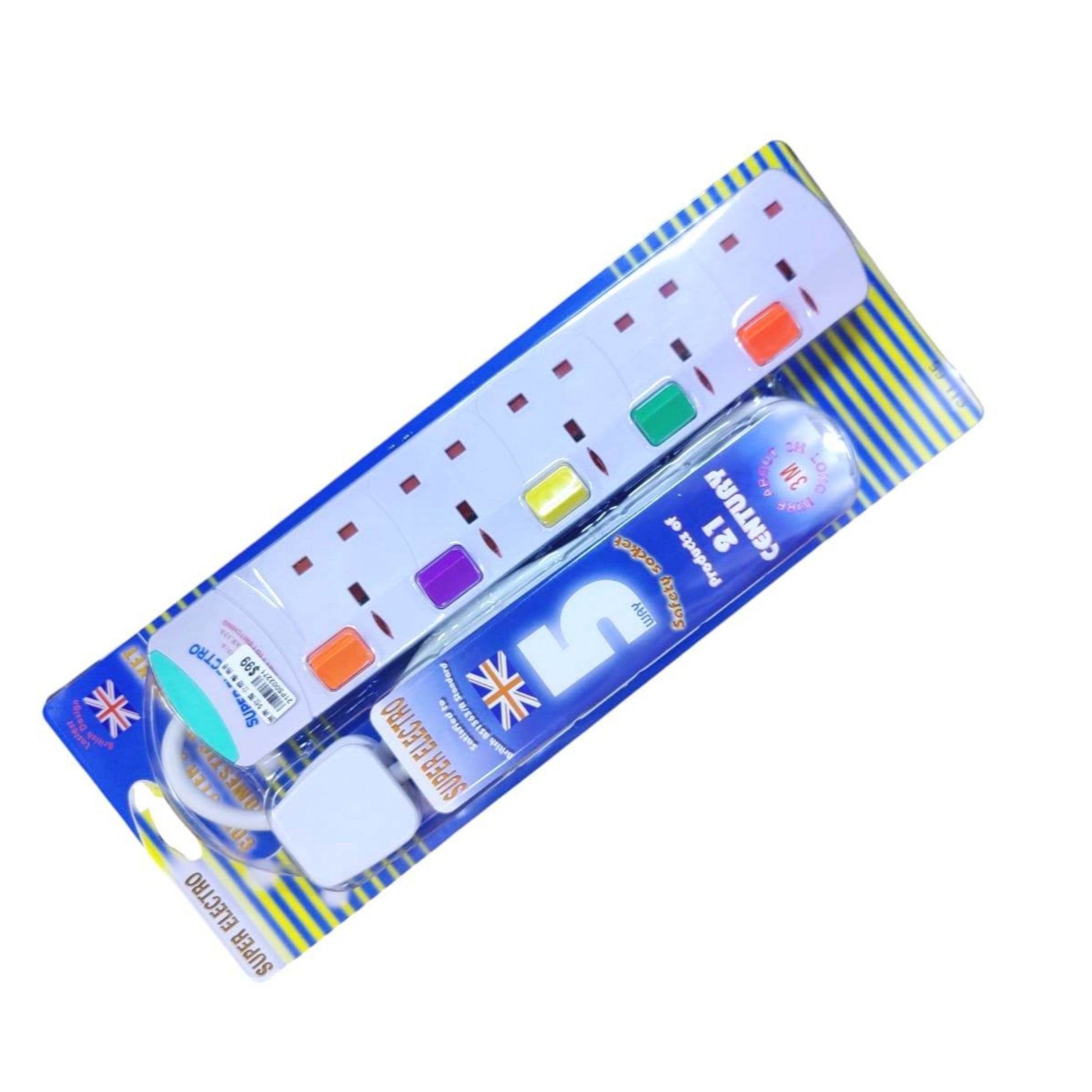 Super Electro 3/5-socket extension lead with individual switches for safe home and office power.