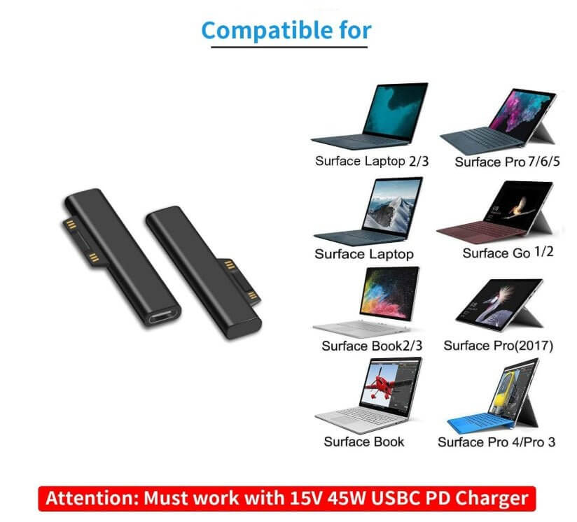 Surface Connect to USB-C Adapter for Microsoft Surface devices, compatible with Surface Laptop, Pro, Go, and Book models.
