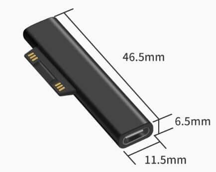 Surface Connect to USB-C Charging Adapter dimensions: 46.5mm x 11.5mm x 6.5mm, lightweight and portable accessory.