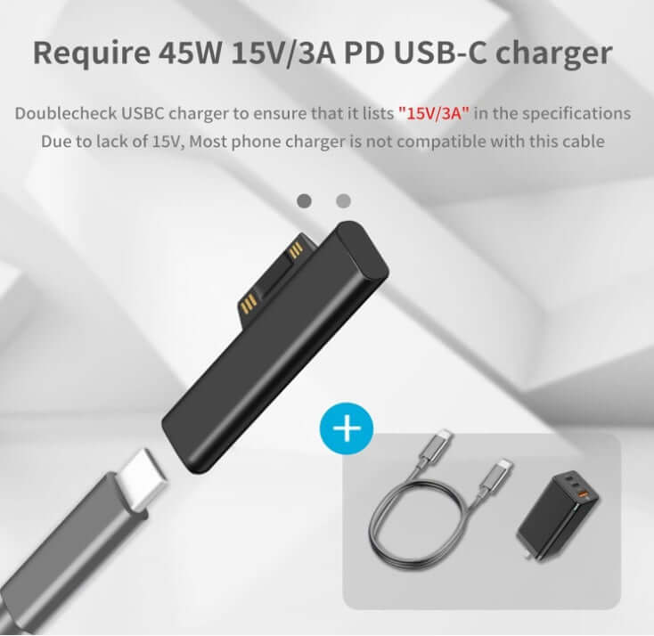 Surface Connect to USB-C adapter requiring 45W 15V/3A PD charger with USB-C cable for Microsoft Surface devices.
