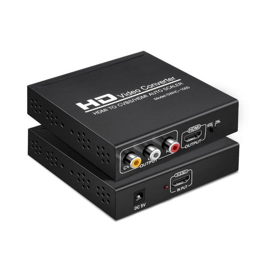 SWHC-1000 HDMI 轉 HDMI + RCA 轉換器正背面視圖，展示 DC 5V 及 HDMI 輸入，以及 RCA、HDMI 雙輸出接口。