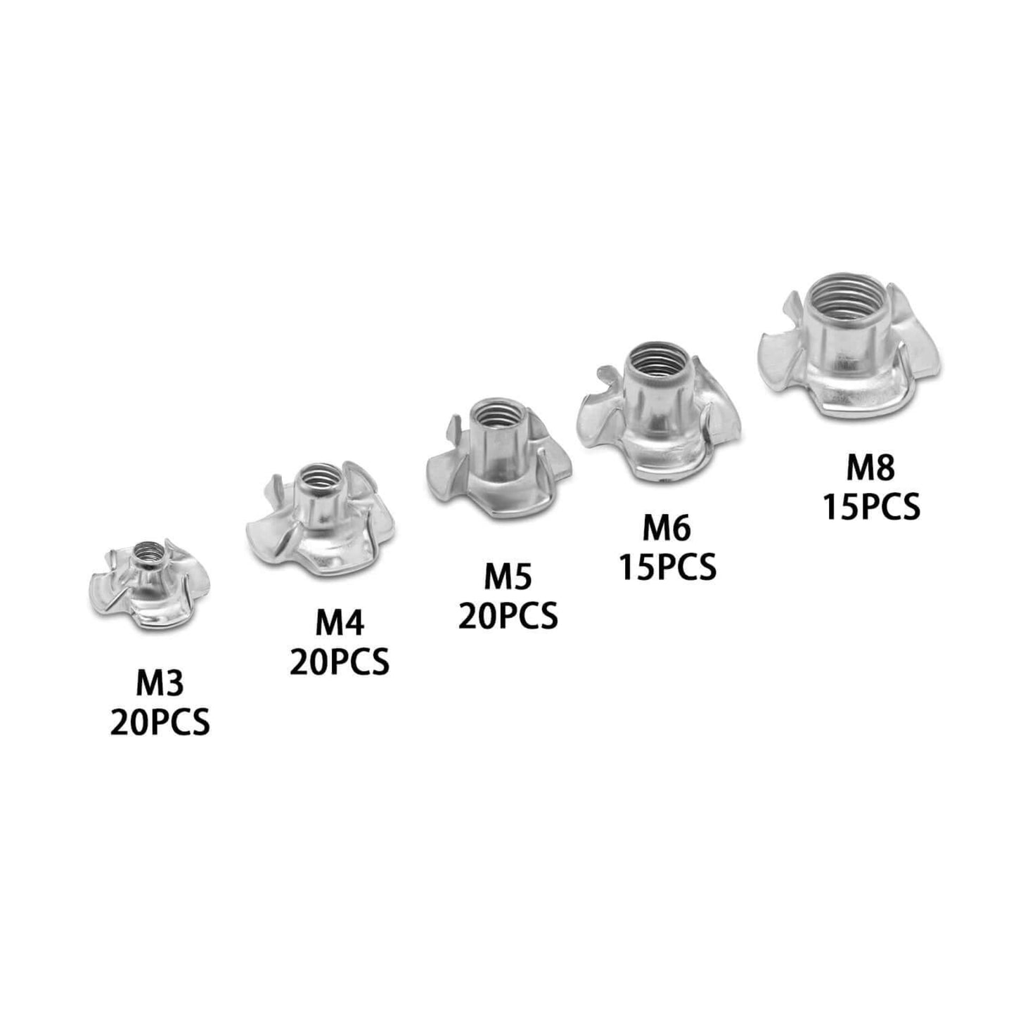 Quantity breakdown of 90-piece T-nut assortment: M3 (20), M4 (20), M5 (20), M6 (15), M8 (15). Zinc plated steel.