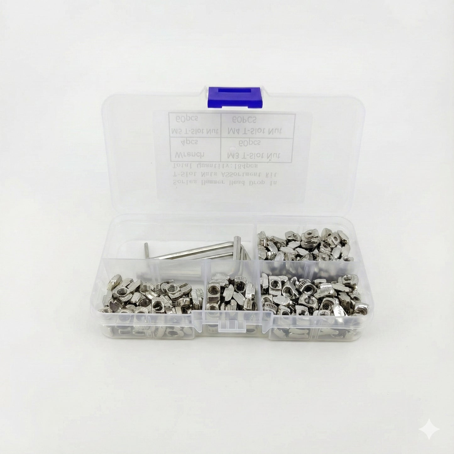 Open storage box displaying M3 M4 M5 T-slot nuts and hex keys