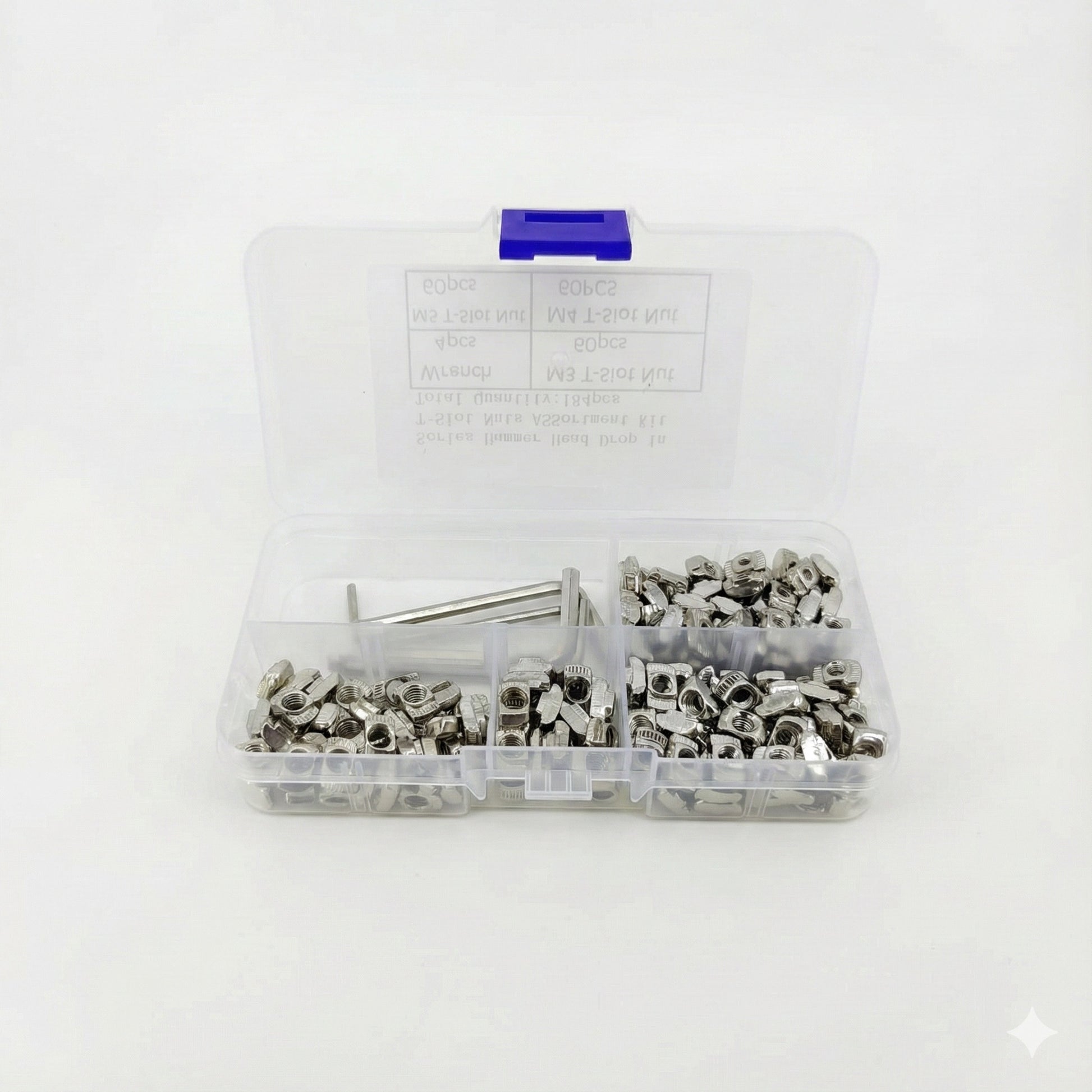 Open storage box displaying M3 M4 M5 T-slot nuts and hex keys