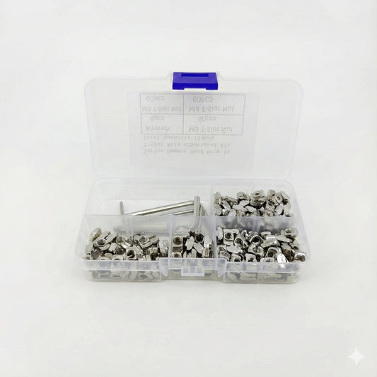 Open storage box displaying M3 M4 M5 T-slot nuts and hex keys