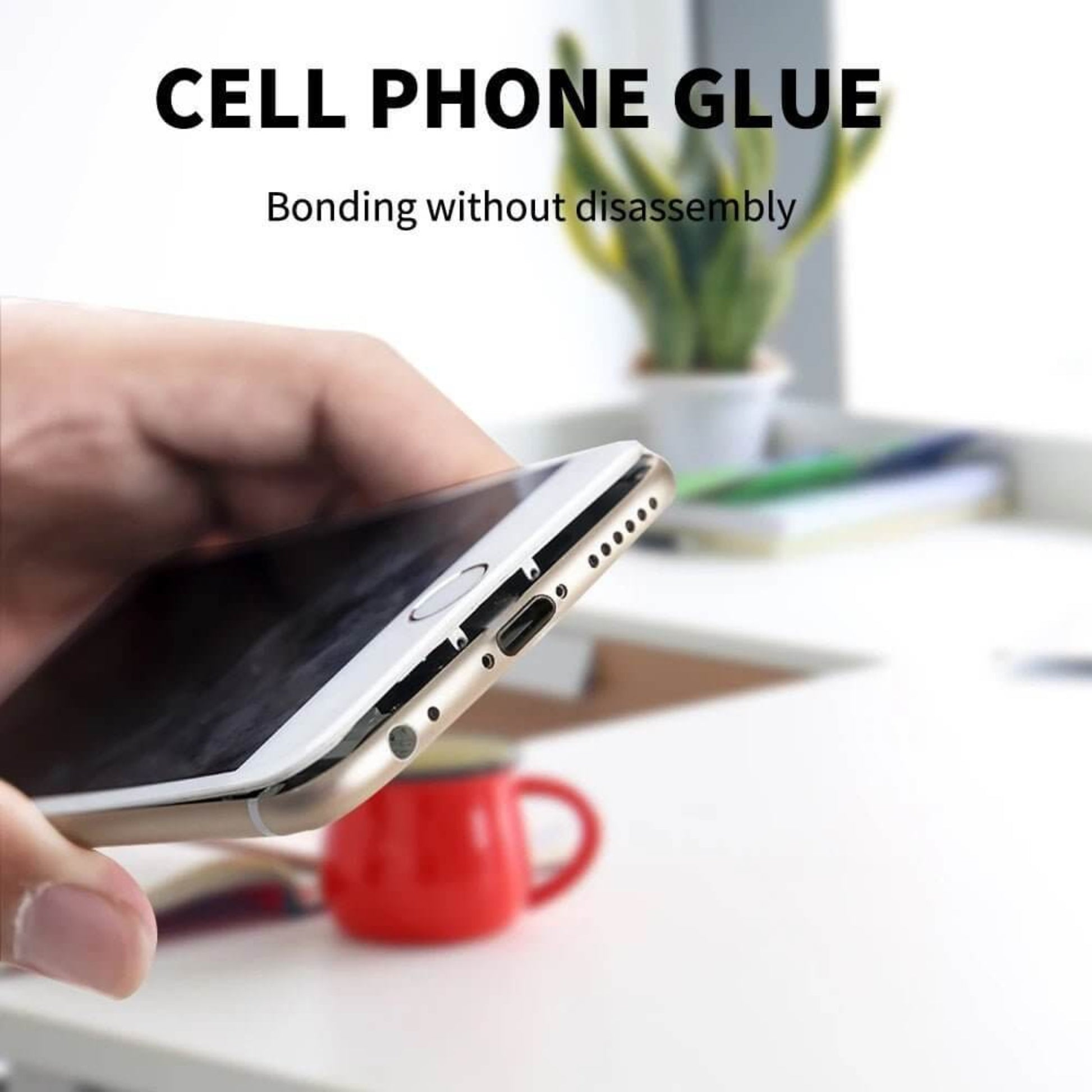 T7000 glue for cell phone repairs, bonding without disassembly, shown in use on a smartphone.