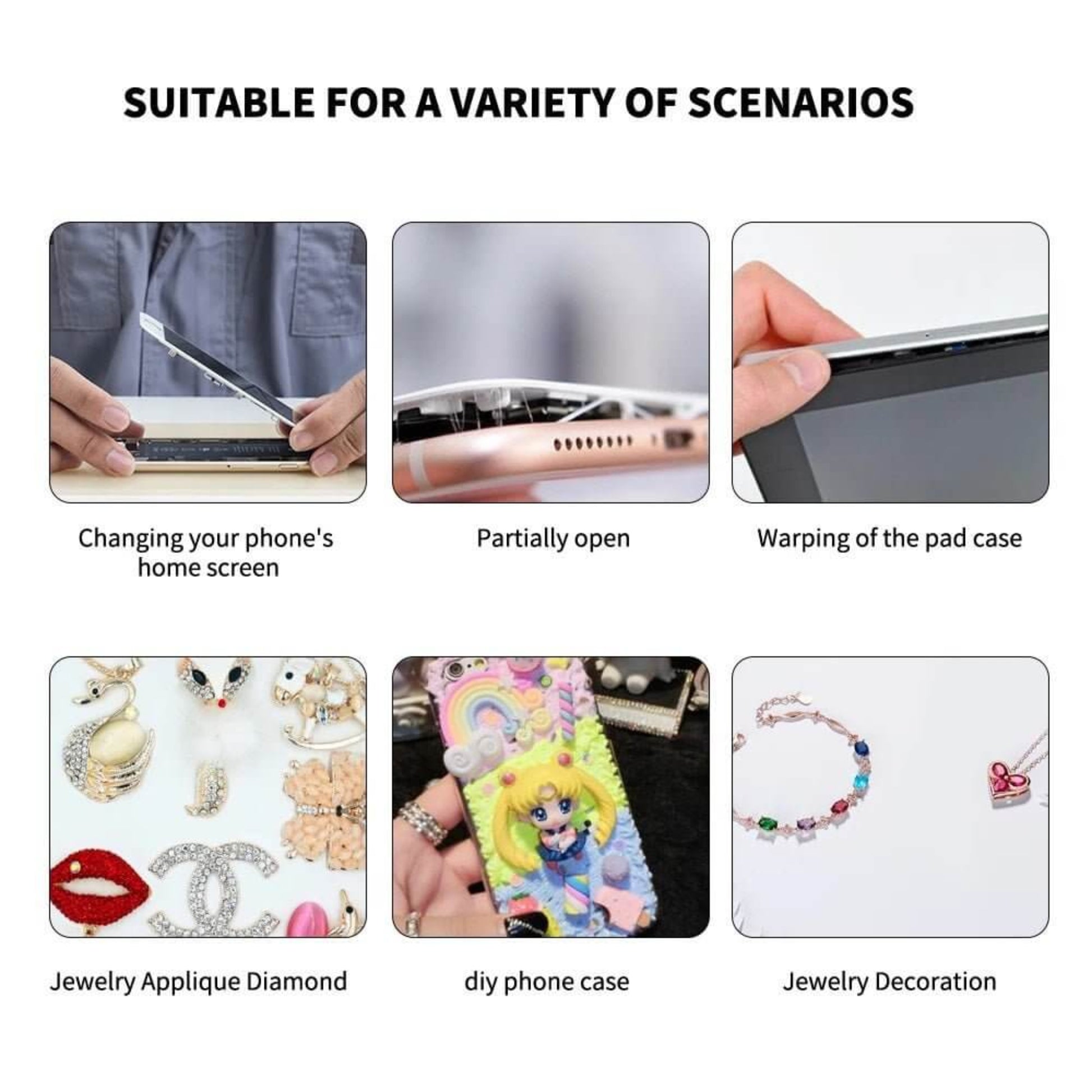 Collage showcasing various uses of T7000 glue for DIY projects like phone repair and jewelry decoration.
