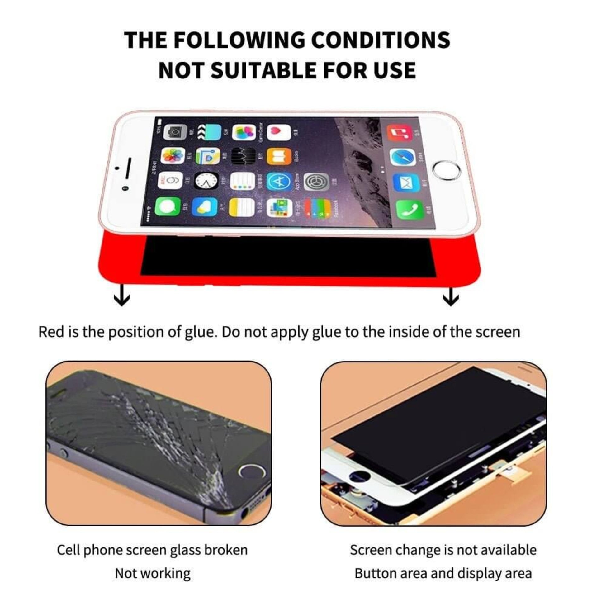 T7000 glue application instructions for smartphone repair showing unsuitable conditions for glue placement.