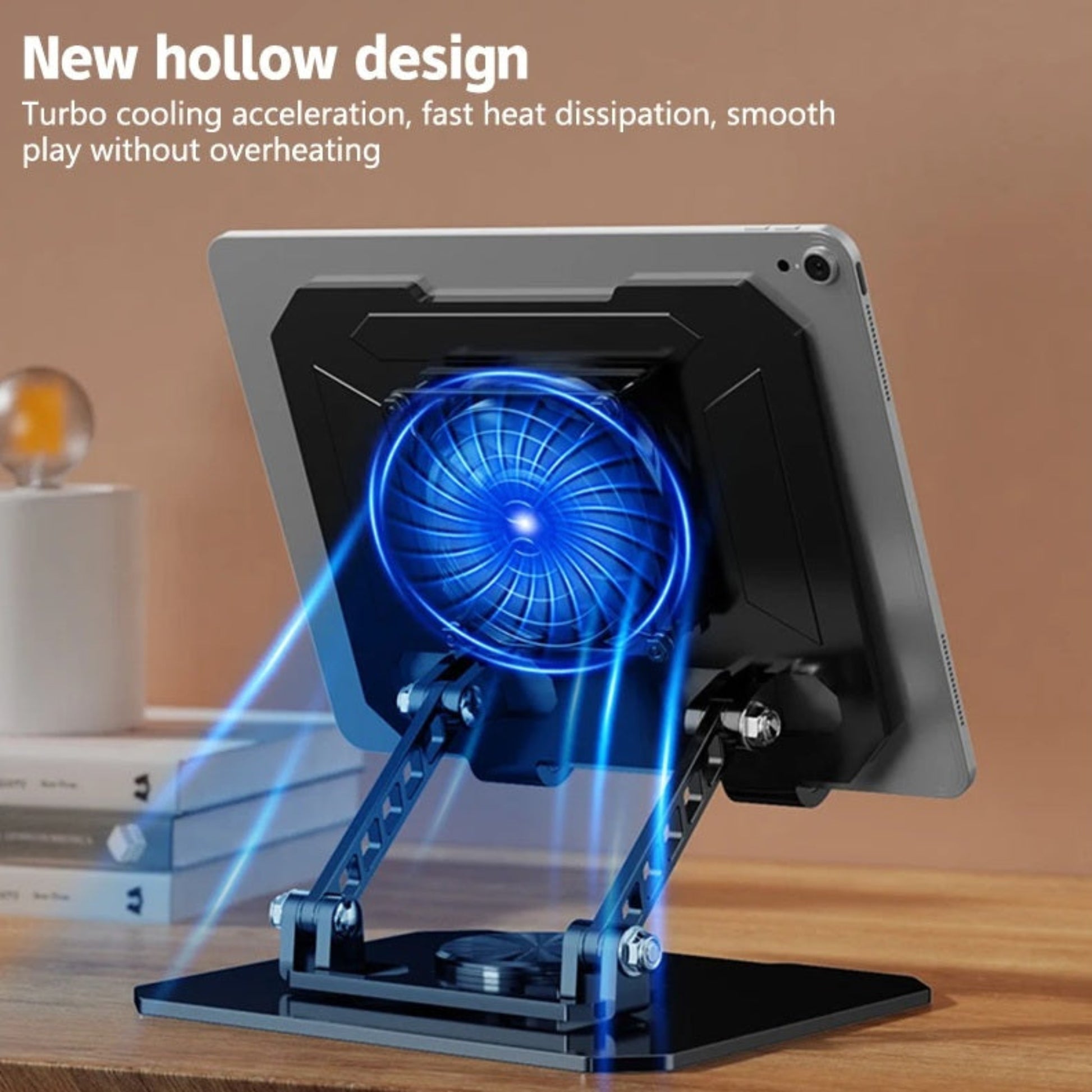 Hollow design tablet stand with blue LED turbo cooling fan preventing overheating.