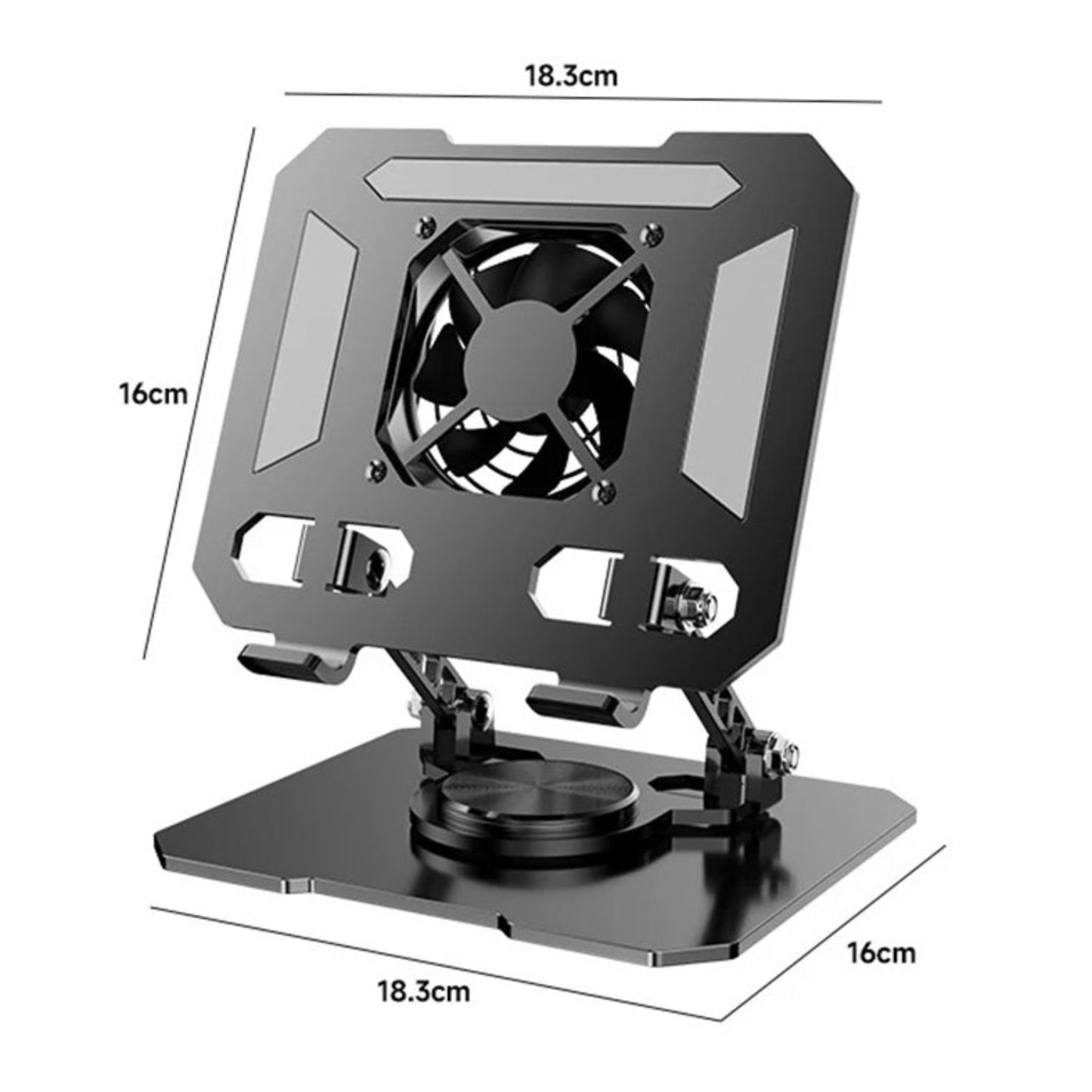 Technical dimension diagram showing size of the tablet stand base and panel.