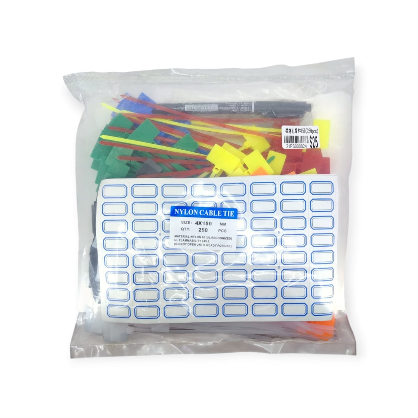 Full retail packaging of a cable tie organization kit, including colorful tag ties, white standard ties, sticker labels, and a marker pen.