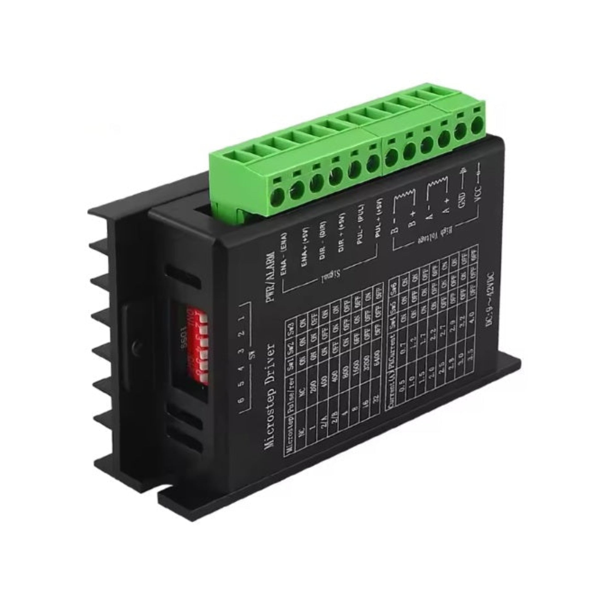 The TB6600 stepper motor driver with a clear view of the green screw terminal block for power, motor, and signal connections.