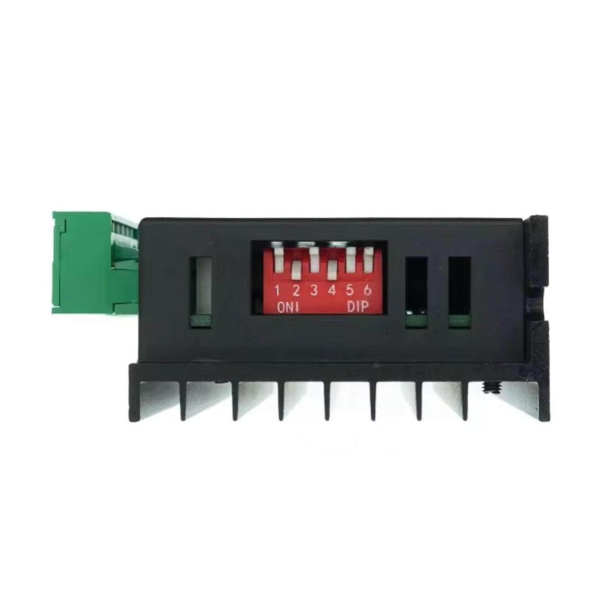 Close-up side view of the TB6600 driver's red 6-pin DIP switch, used to configure microstepping and current output.