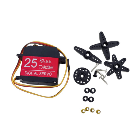 Full kit for the TD-8125MG 25kg high-torque digital servo, showing various servo horns and mounting hardware.