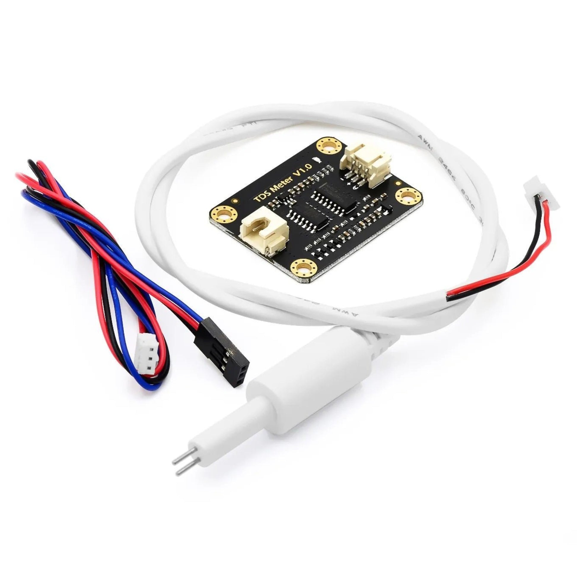 TDS sensor module for Arduino with wiring, used for measuring water conductivity and quality detection.