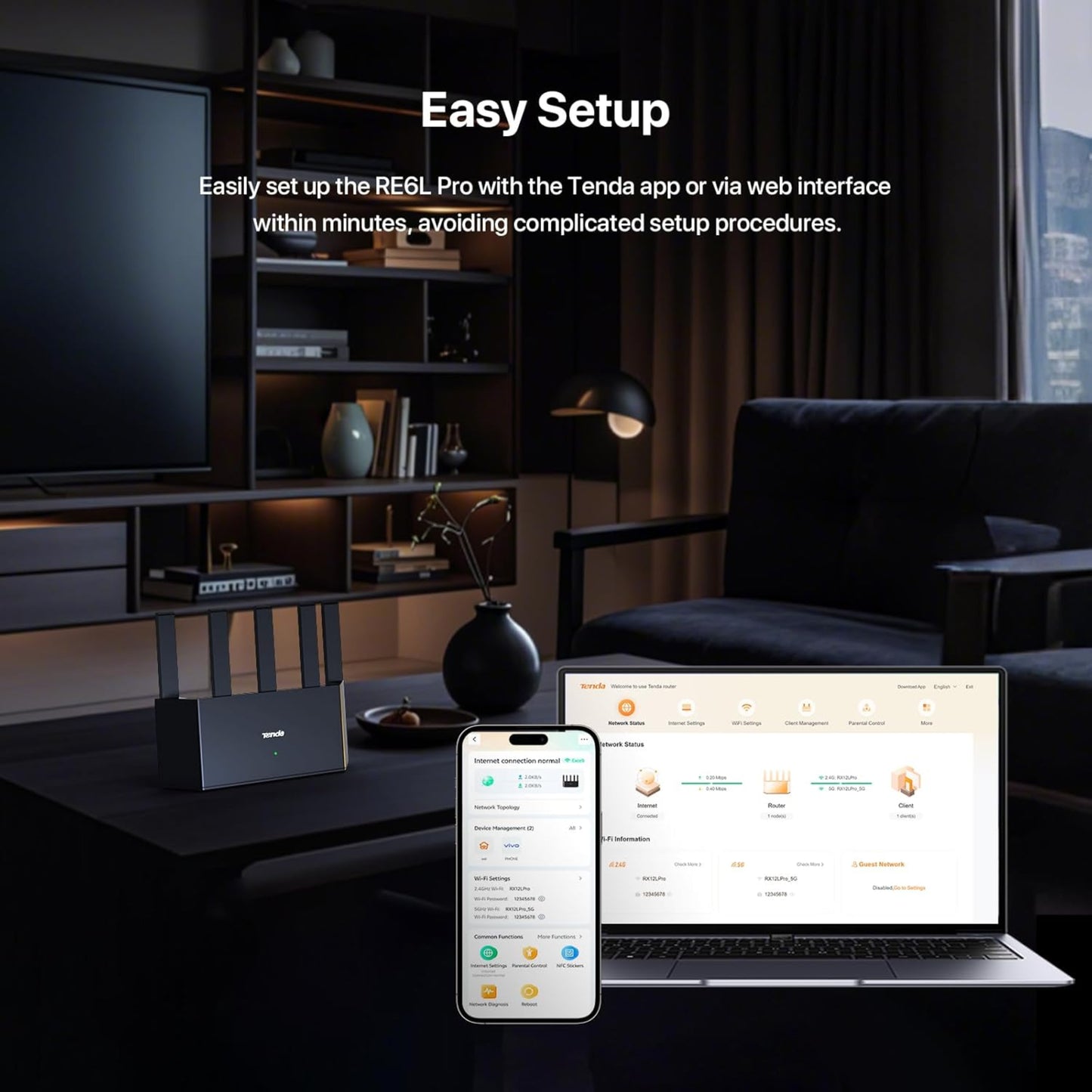 The Tenda BE5100 router in a living room, demonstrating its easy setup via the Tenda app and web interface.
