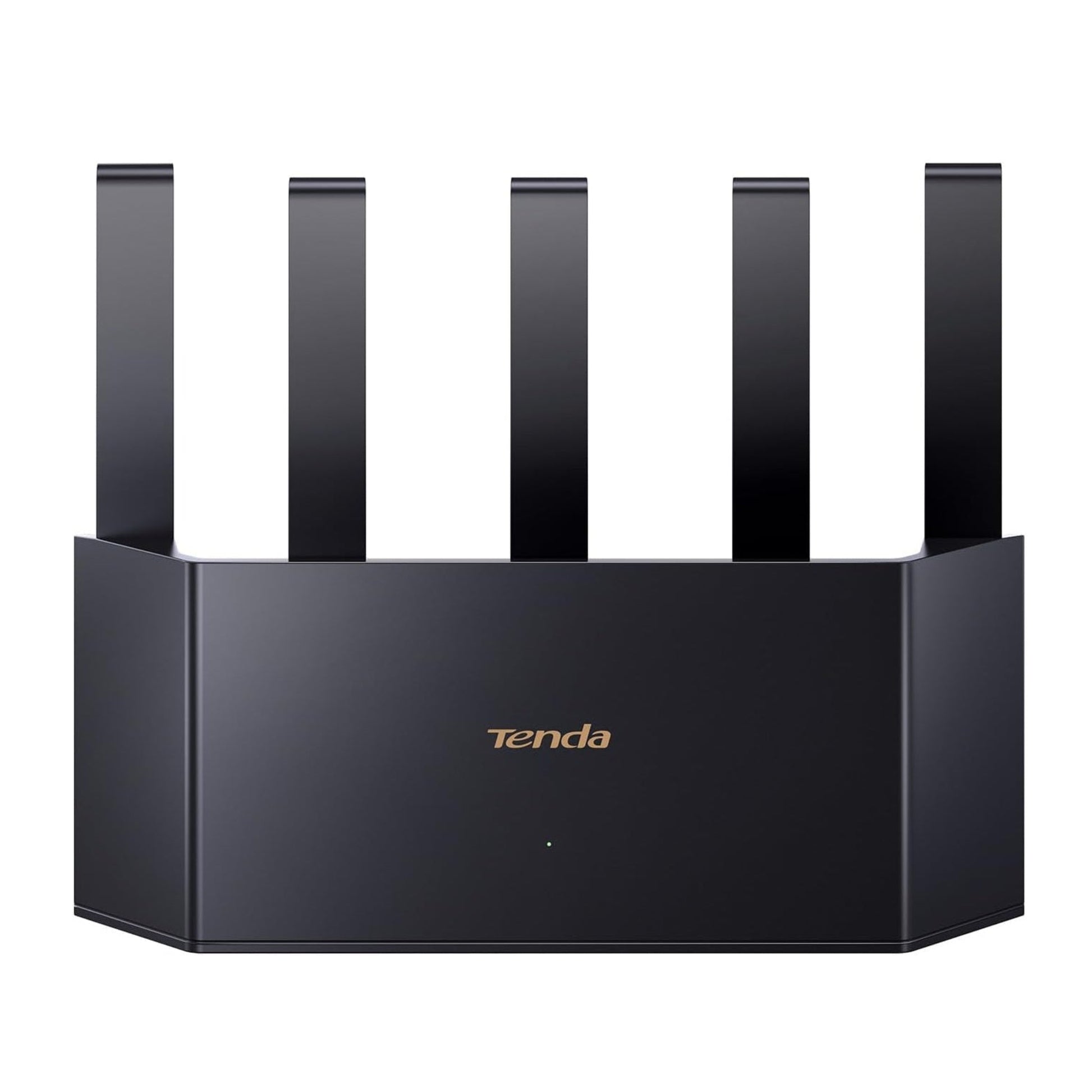 Front view of the black Tenda BE5100 Wi-Fi 7 router (RE6L Pro) with five antennas.