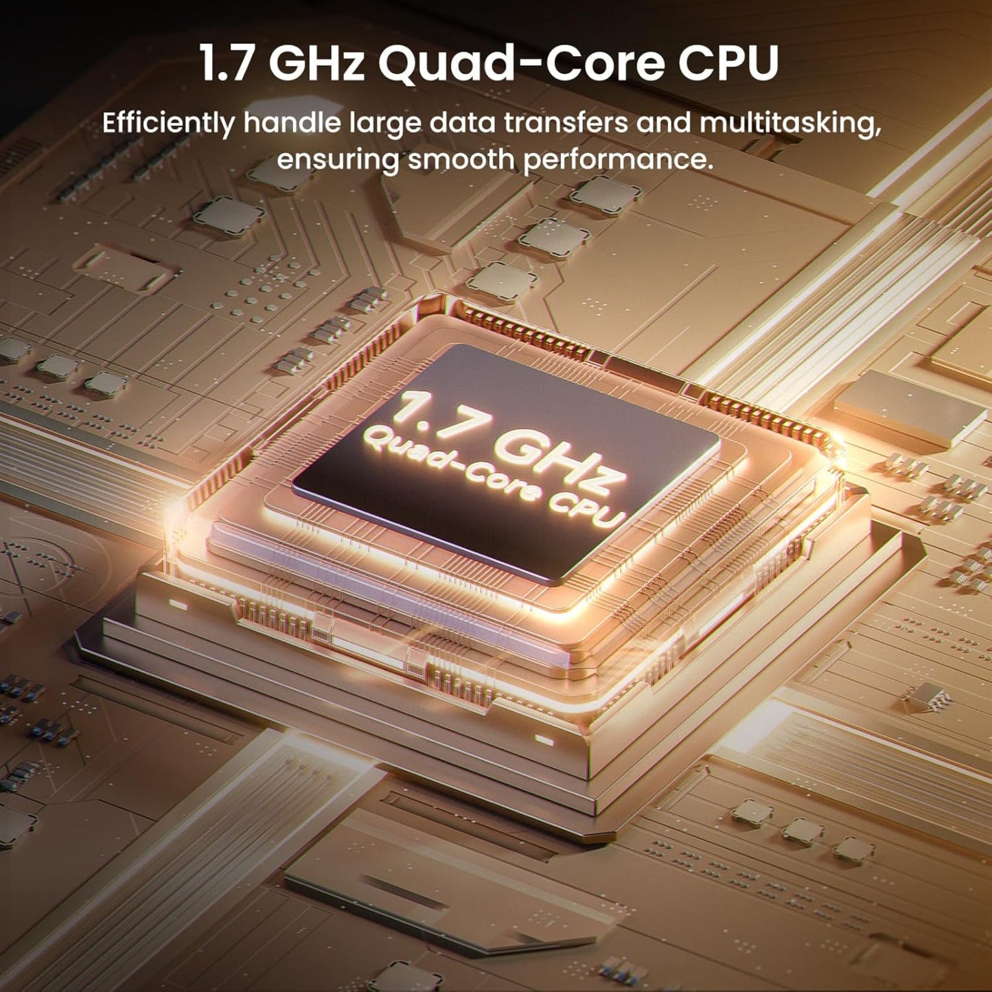 Close-up of the 1.7 GHz Quad-Core CPU powering the Tenda mesh system