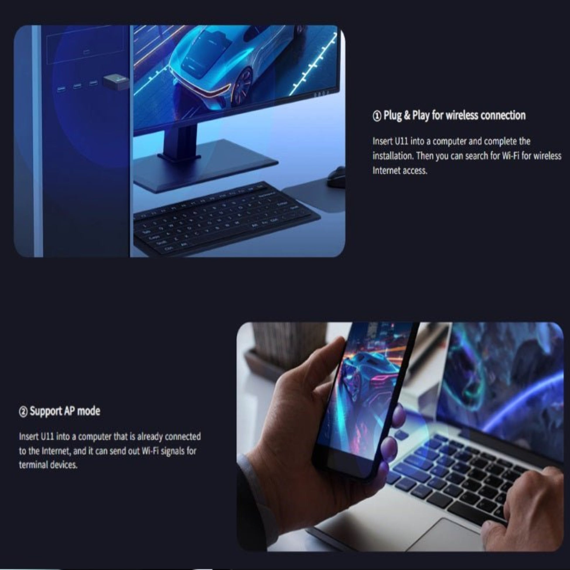 Tenda U11 AX900 USB adapter setup process with wireless connection and AP mode support.