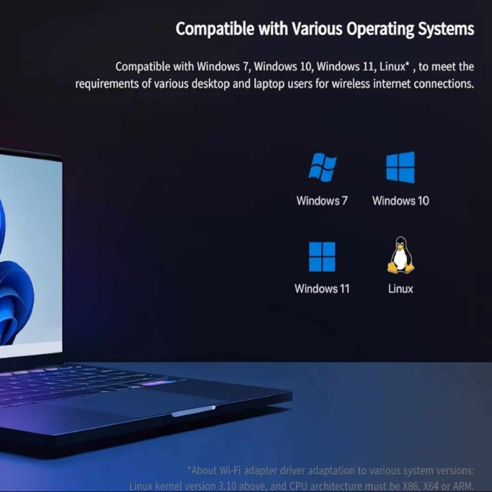 Tenda AX900 USB adapter compatibility with Windows 7, 10, 11, and Linux for wireless internet connections.