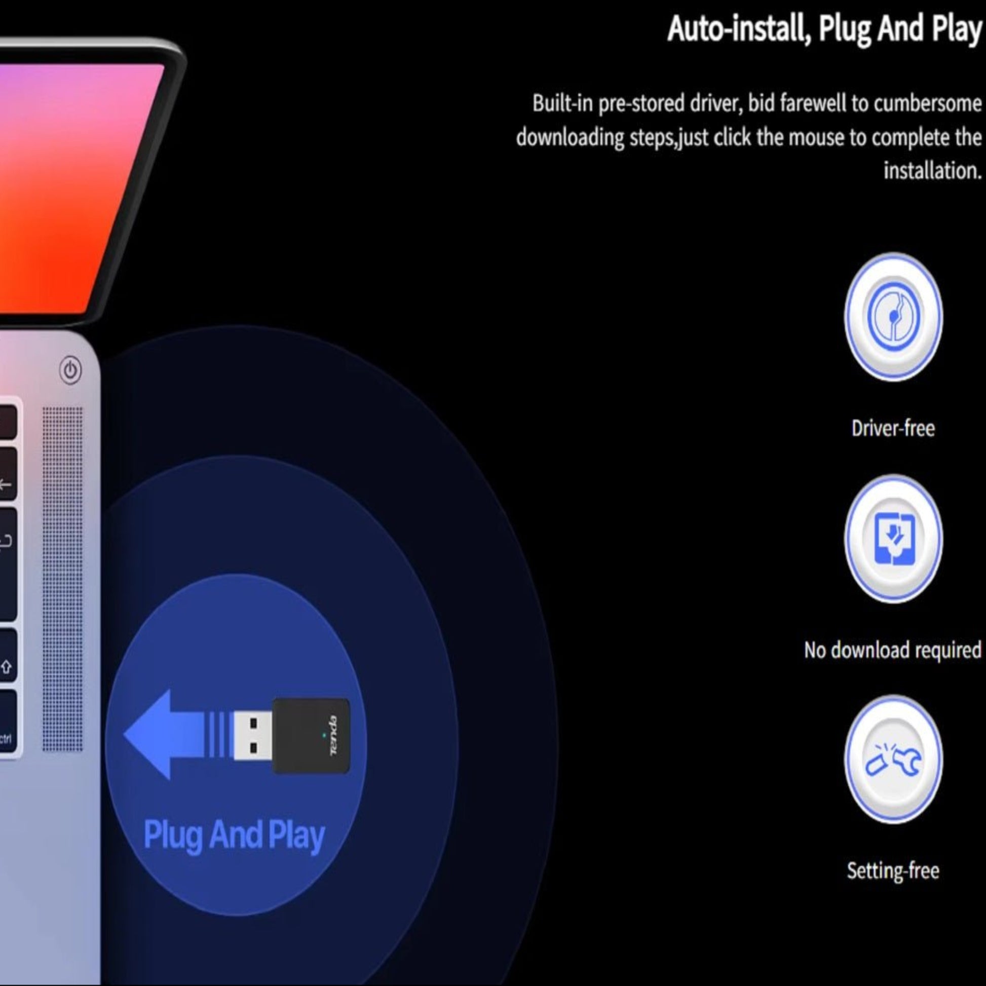Tenda U11 AX900 USB adapter showcasing auto-install, plug and play features with driver-free and no download needed.