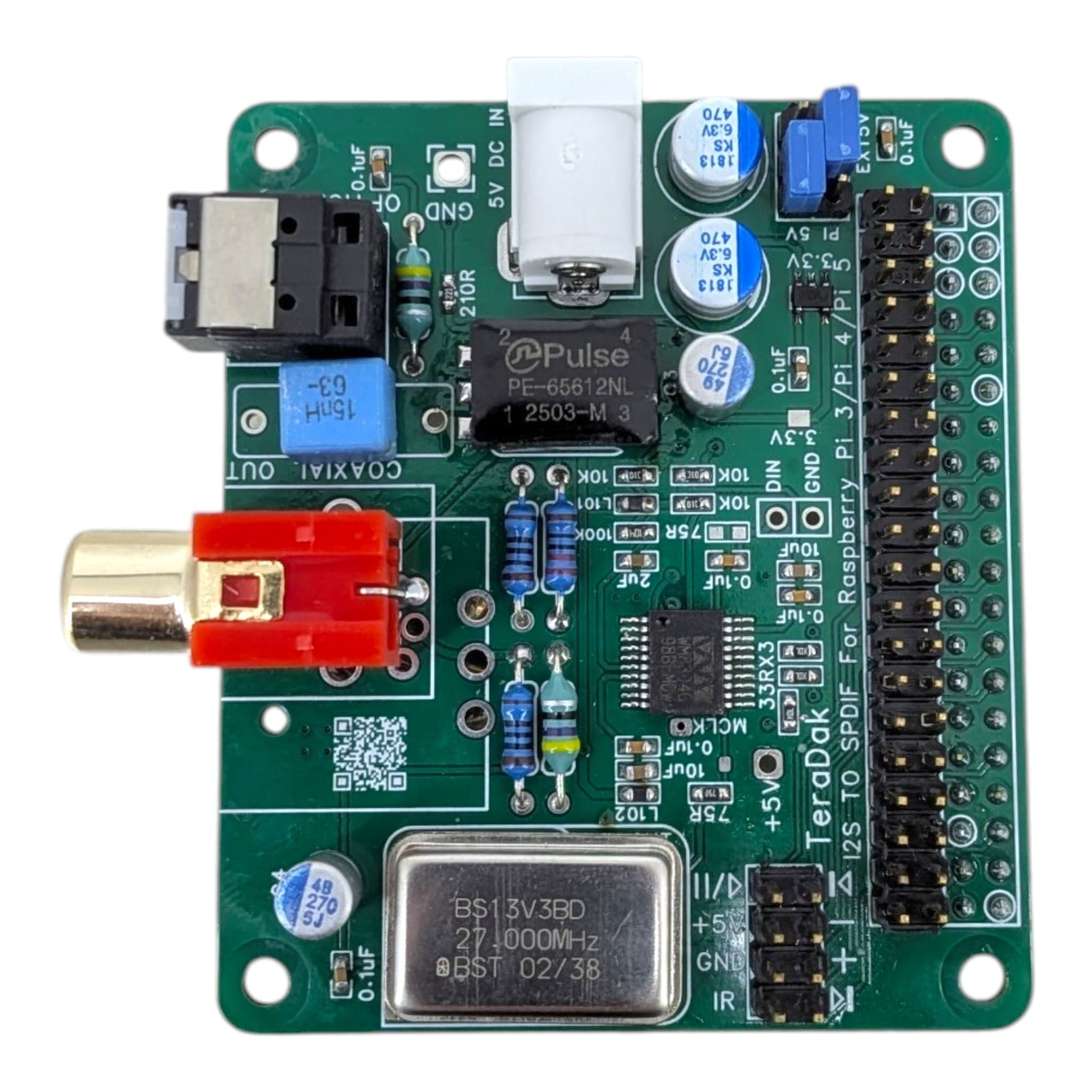 樹莓派 TeraDak I2S 轉 SPDIF HiFi 音效底板正面。支援 Pi 3/4/5，深水埗新昌電腦現貨發售，提供專業技術支援。