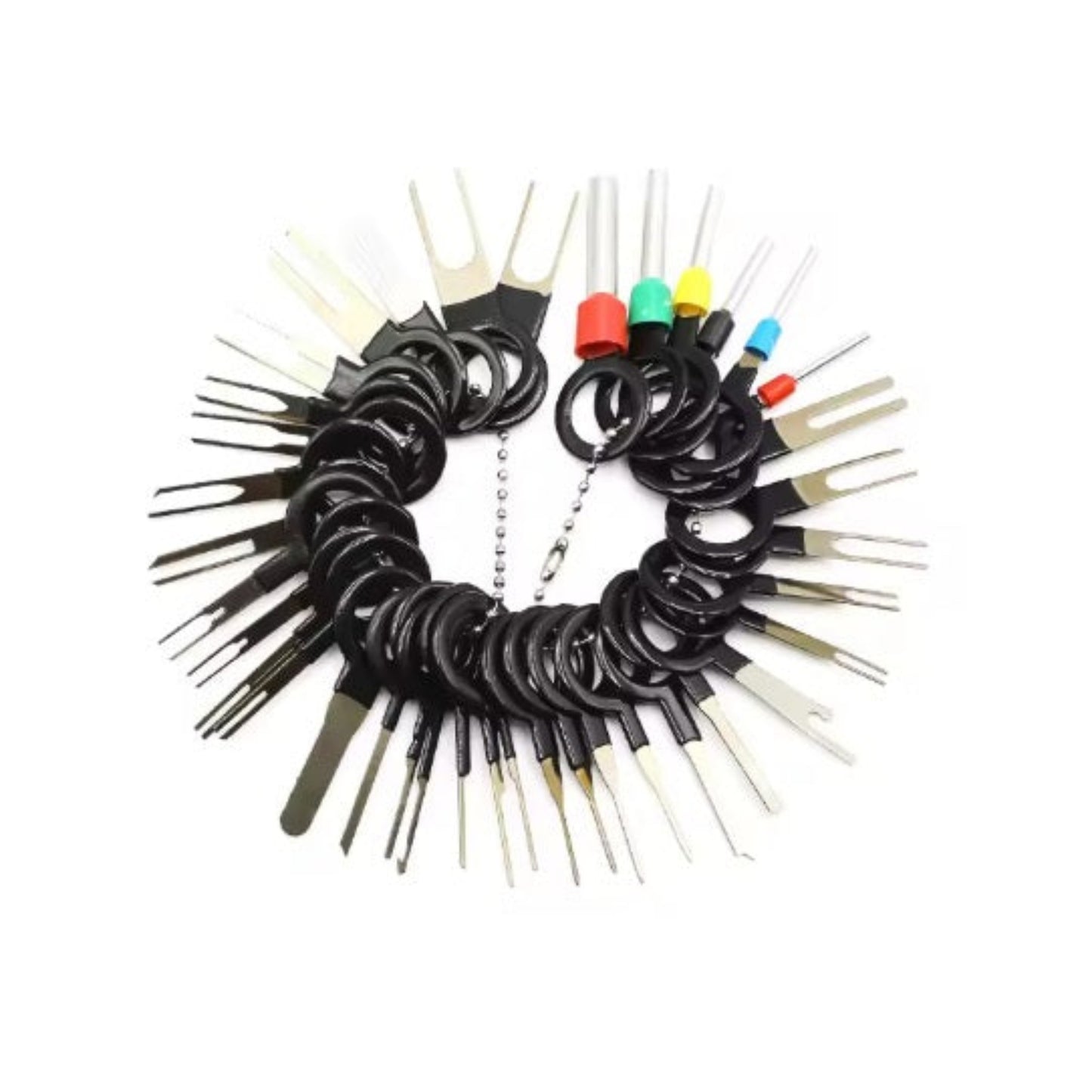 38-piece terminal extractor kit with hardened steel pins and black ring handles, complete automotive connector tool set