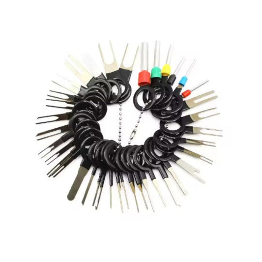 38-piece terminal extractor kit with hardened steel pins and black ring handles, complete automotive connector tool set