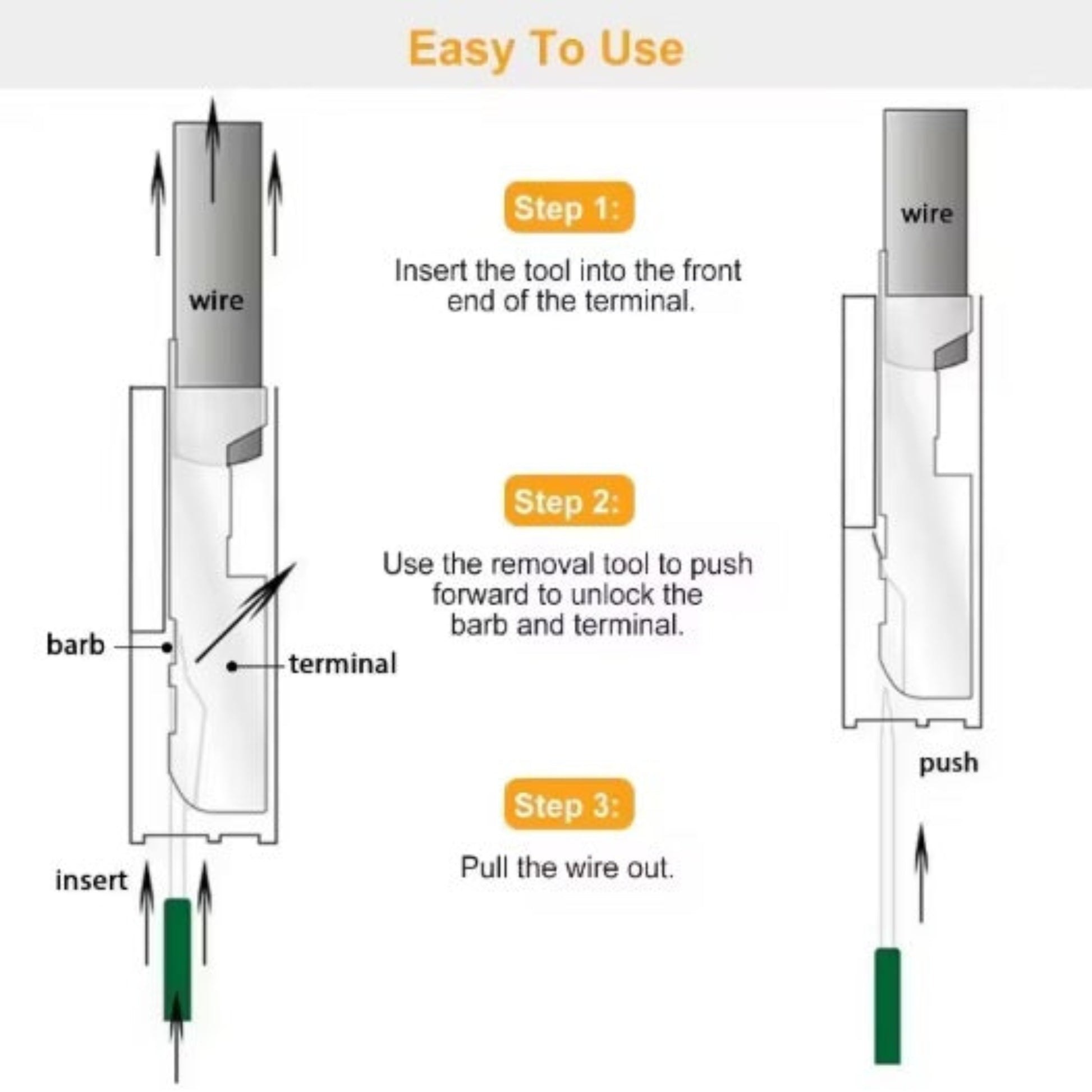 Close-up of hardened steel terminal extractor pin with ergonomic black rubber ring handle for secure non-slip grip