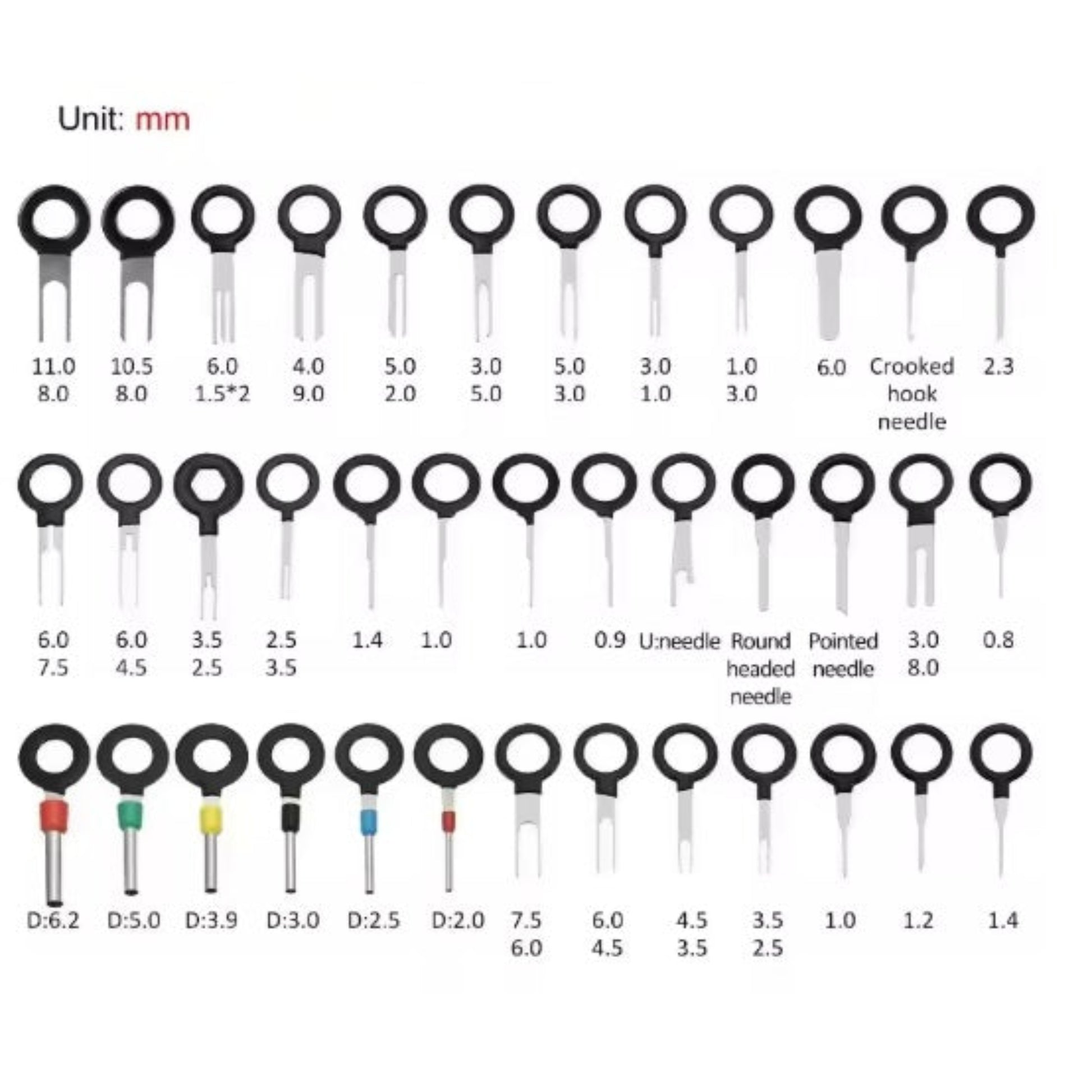 Complete range of 38 precision terminal extractors showing size variations from 0.8mm to 11.0mm pin diameter for automotive connectors