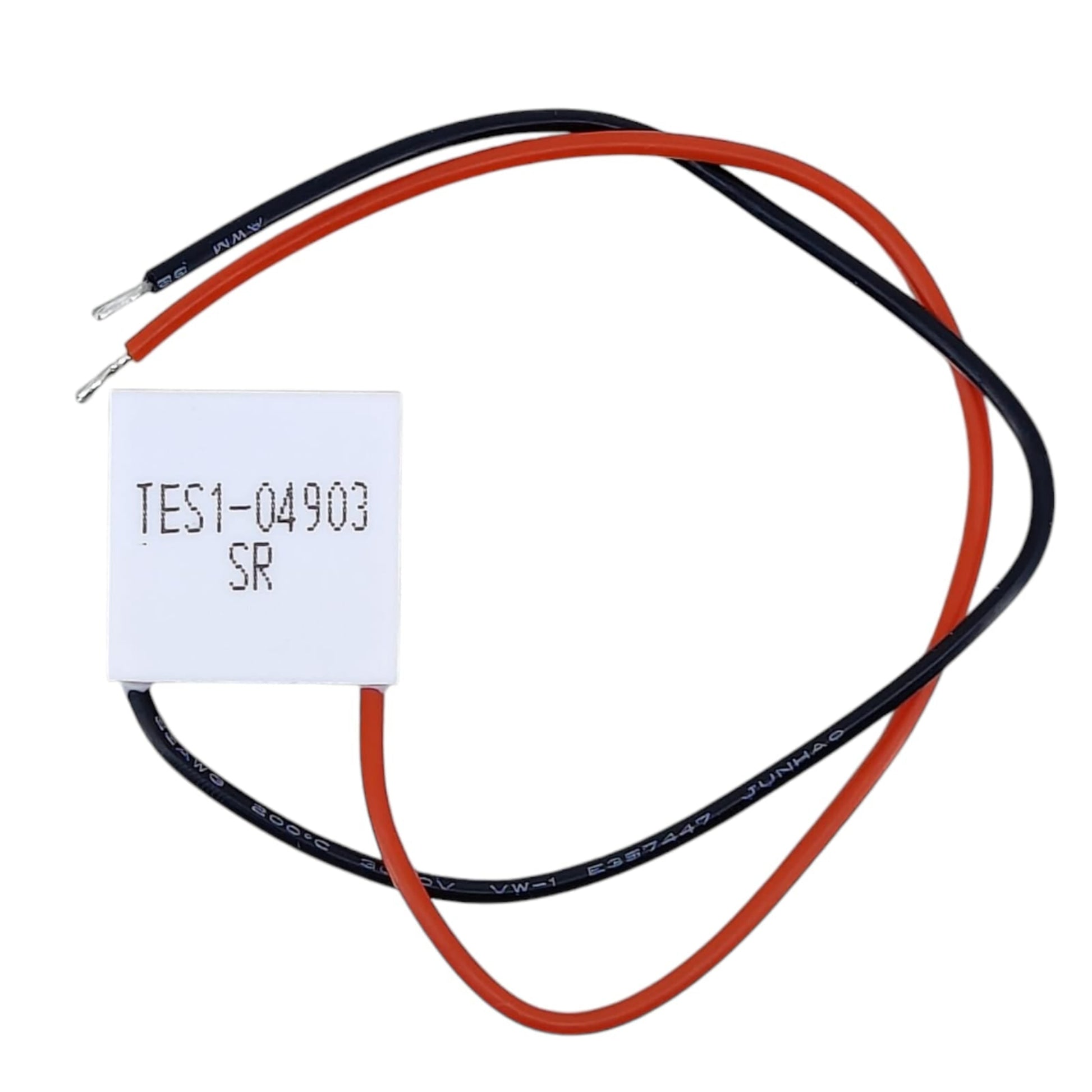 TES1-04903 Thermoelectric Peltier cooler module showing model number and power wires.
