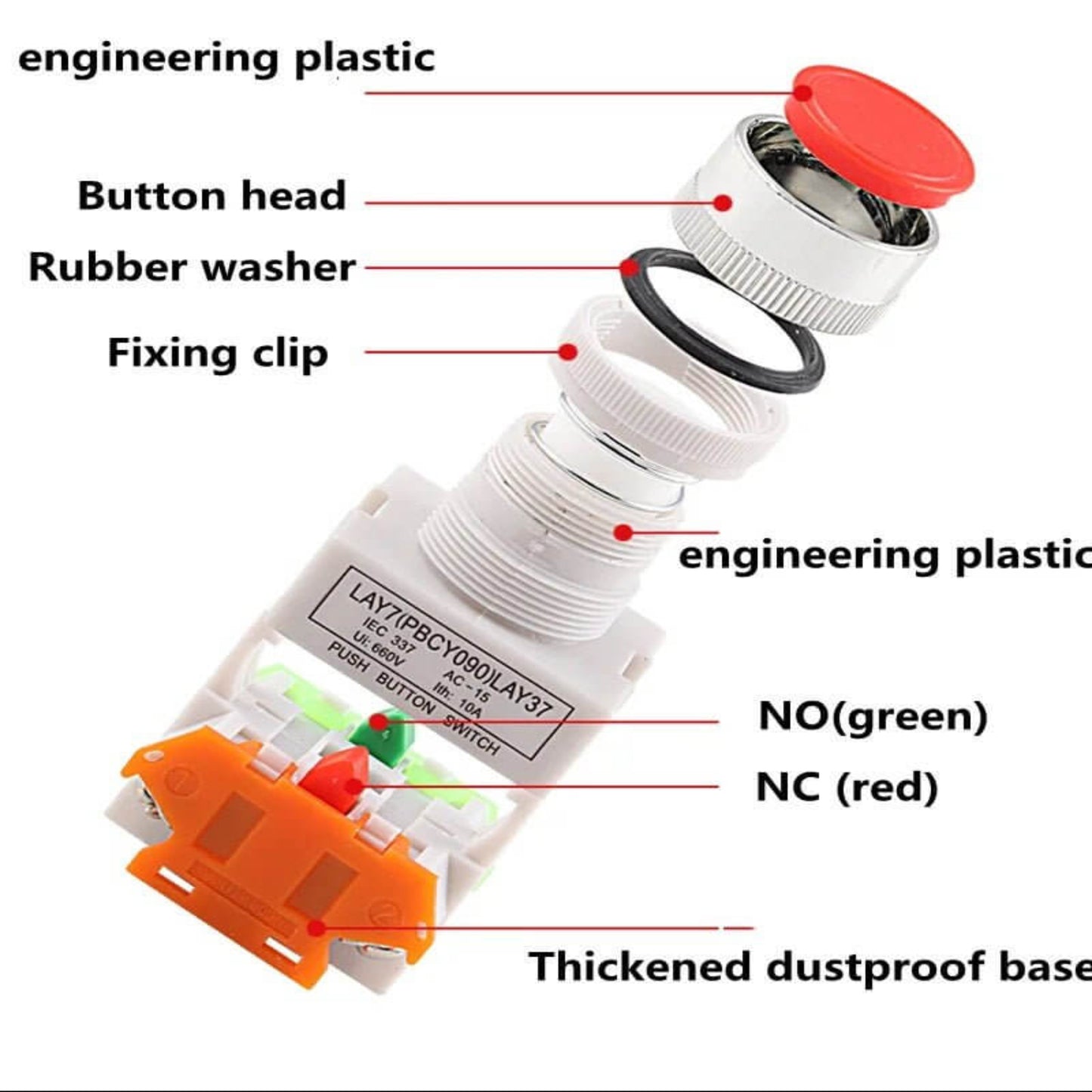 Exploded view of 22mm round head self-lock push button switch components showcasing engineering plastic and various parts.
