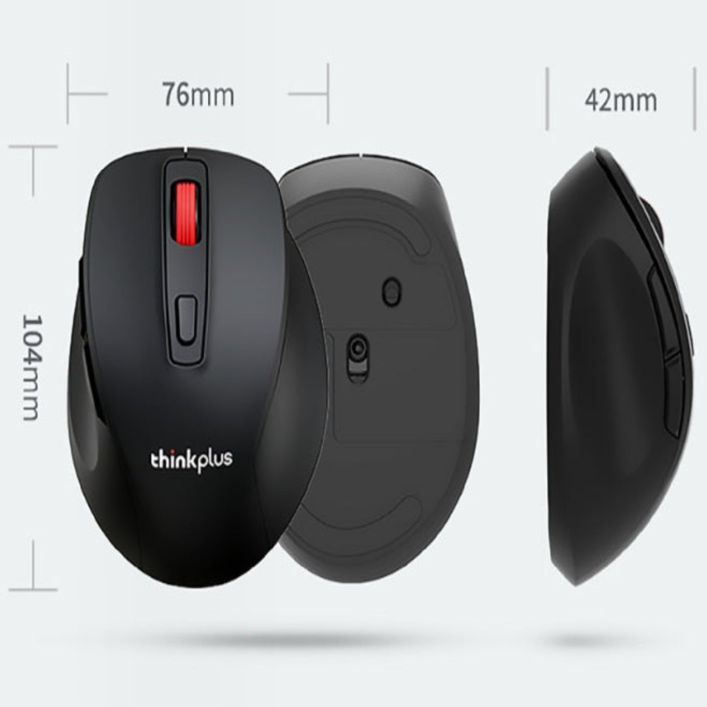 Size dimensions of Thinkplus M30 mouse: 104mm length, 76mm width, 42mm height.