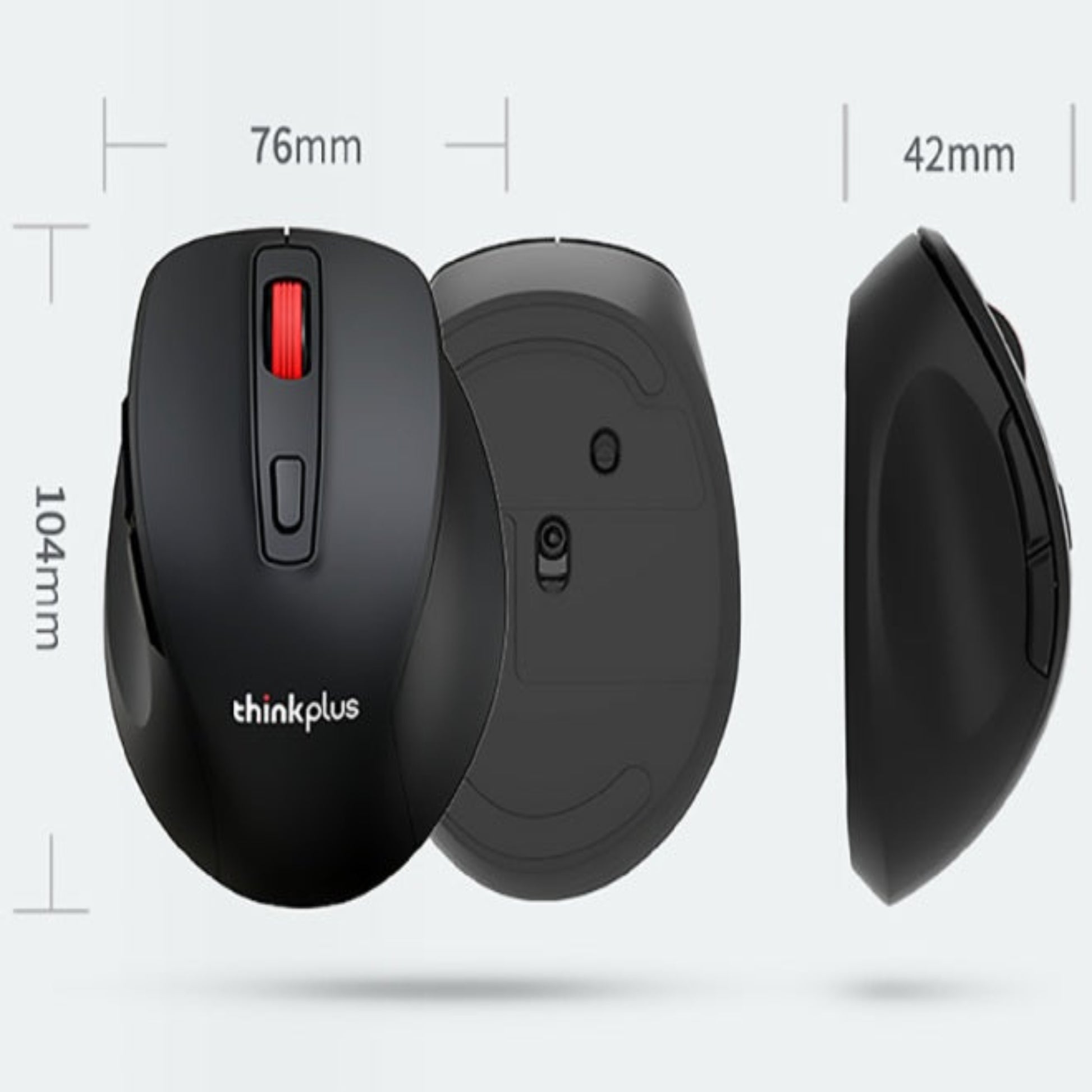 Size dimensions of Thinkplus M30 mouse: 104mm length, 76mm width, 42mm height.