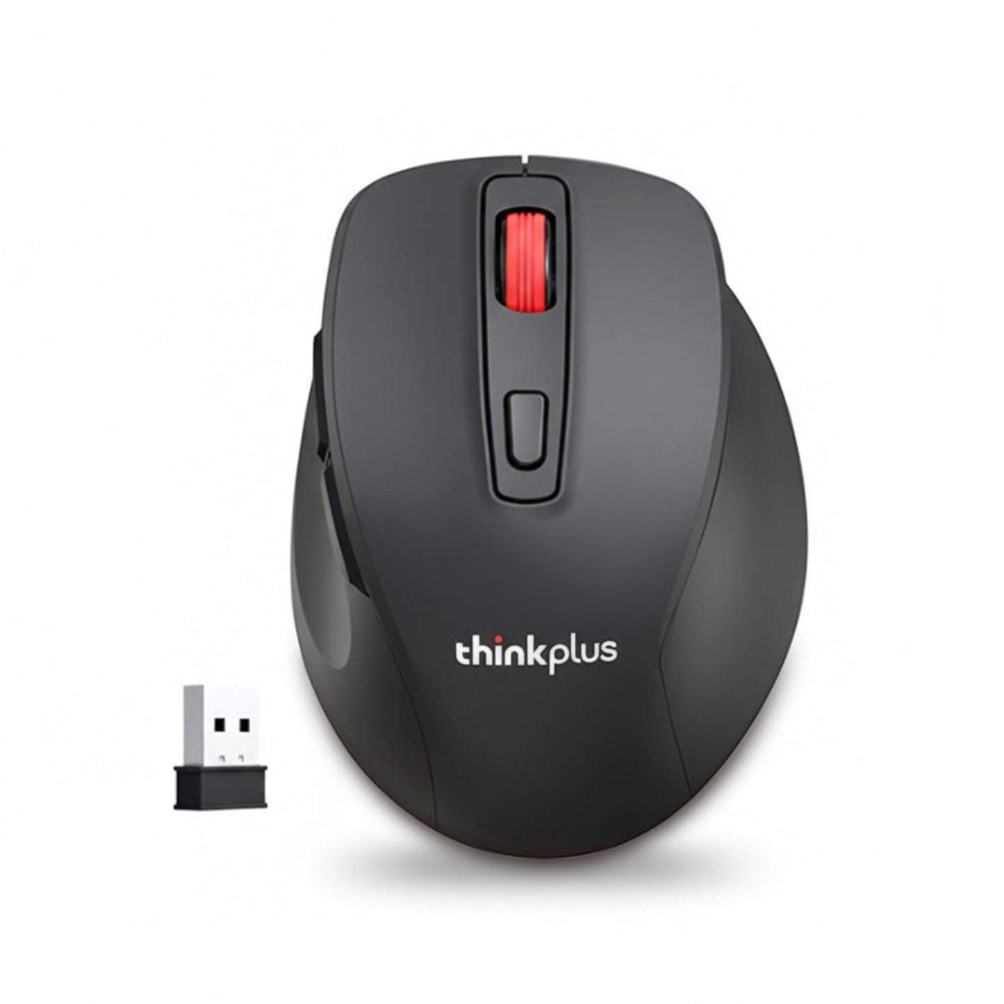 Lenovo Thinkplus M30 wireless mouse front view showing scroll wheel and ergonomic design.