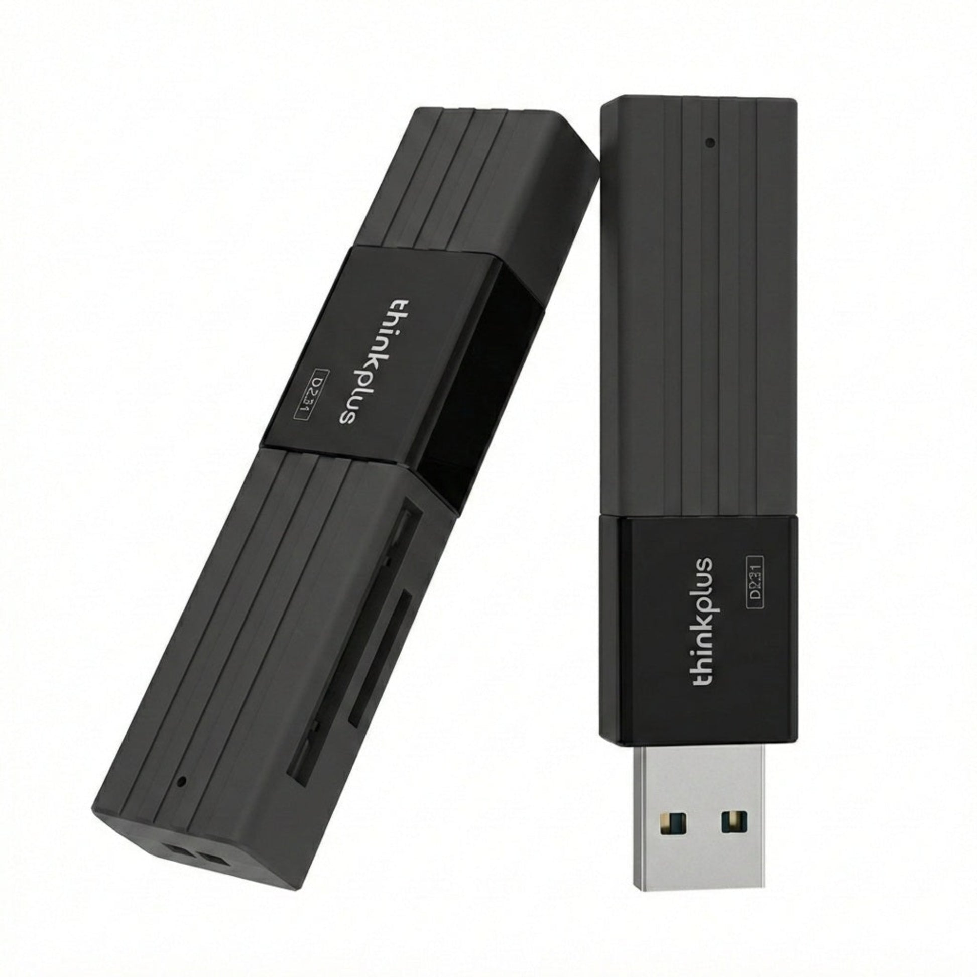 Angled view of black thinkplus card reader showing SD and TF slots.