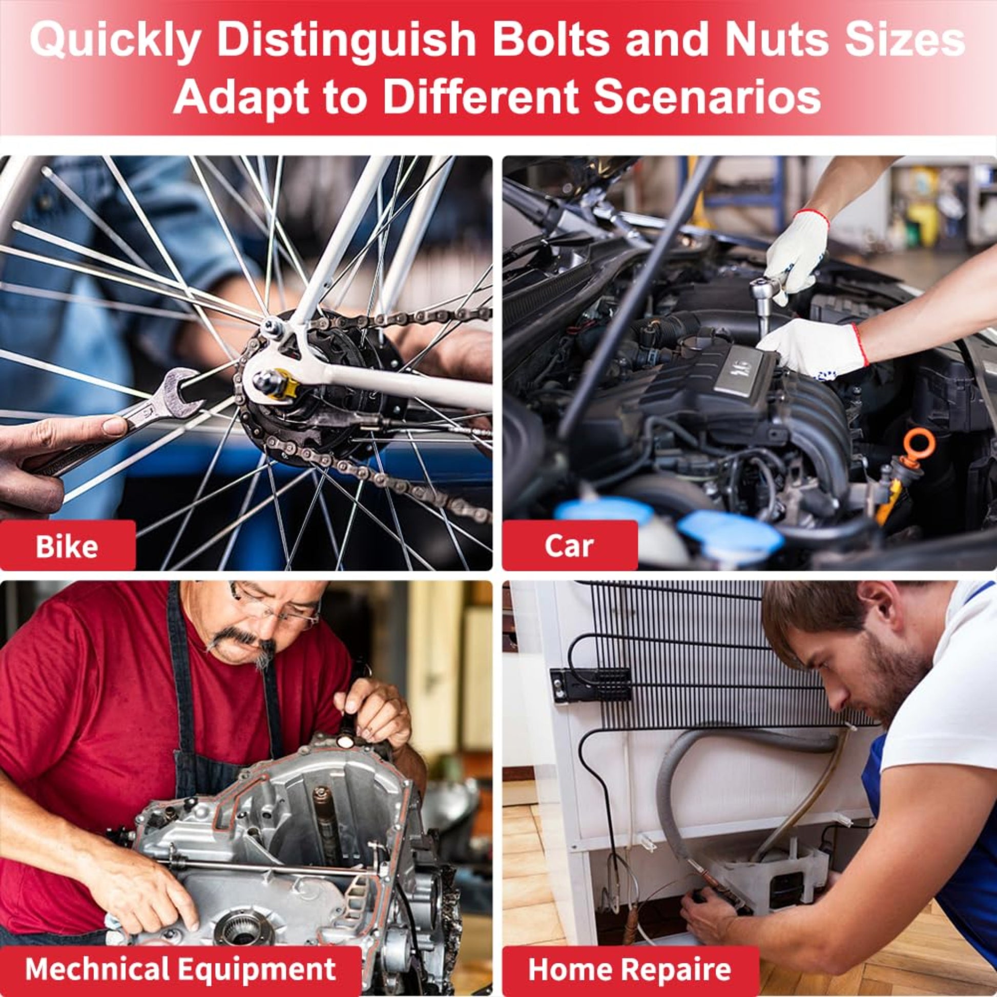 Images showing various scenarios: bike maintenance, car repairs, mechanical equipment, and home repair using a nut and bolt thread checker.