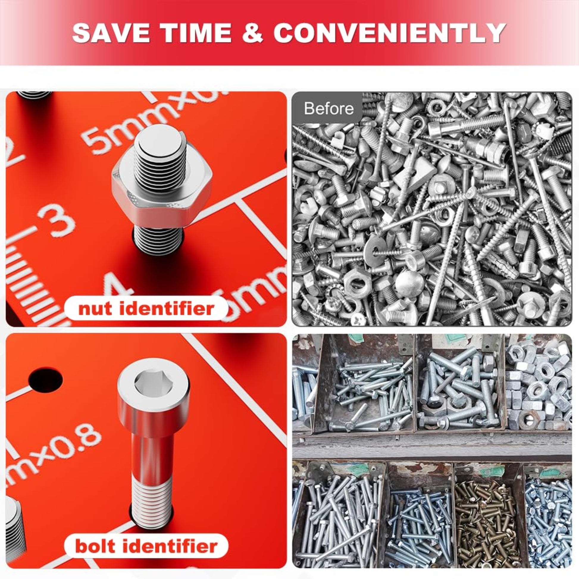 Image showing a Nut & Bolt Thread Checker identifying sizes among assorted fasteners, highlighting convenience and time-saving benefits.