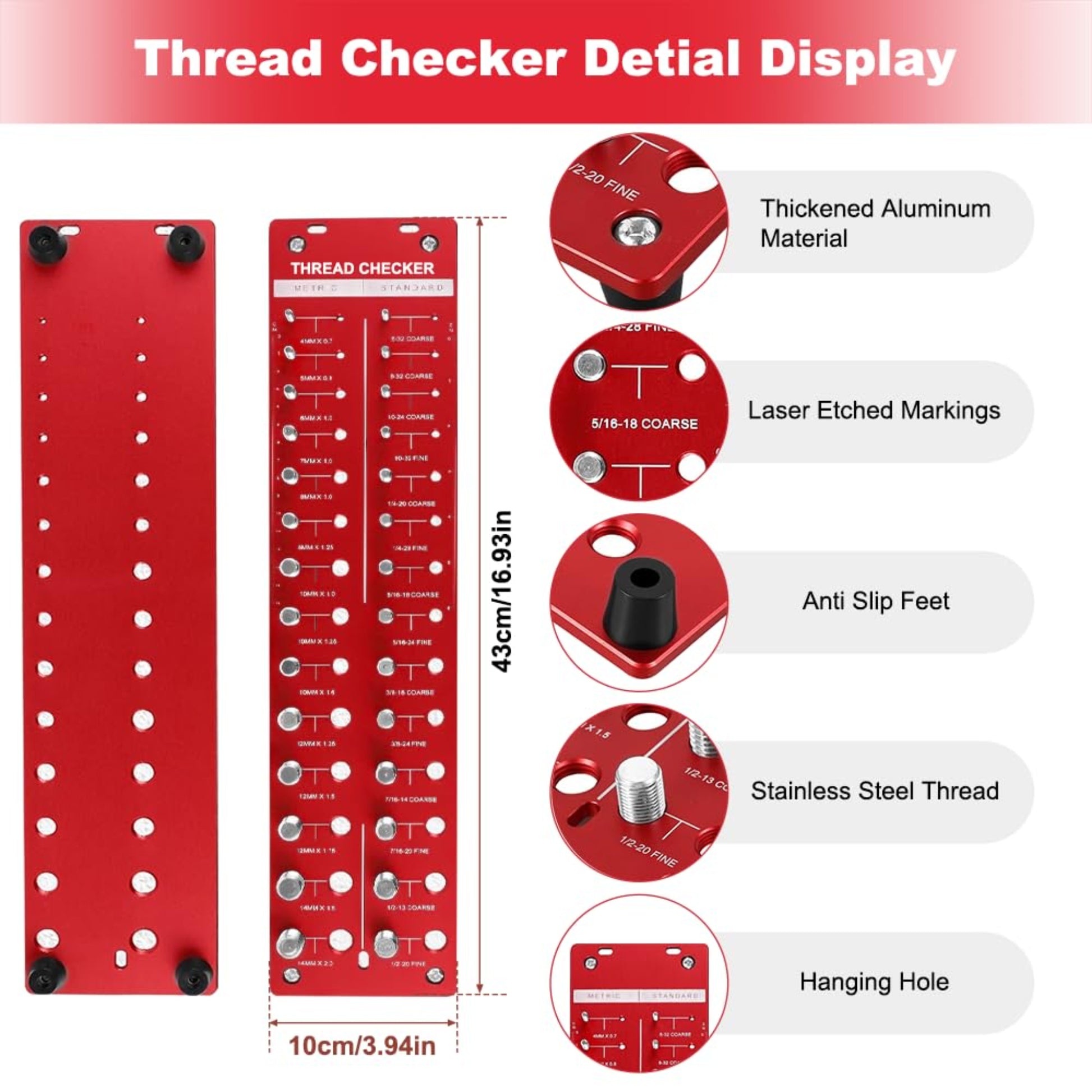 Detailed view of a Nut & Bolt Thread Checker showcasing aluminum material, laser etched markings, and anti-slip feet.