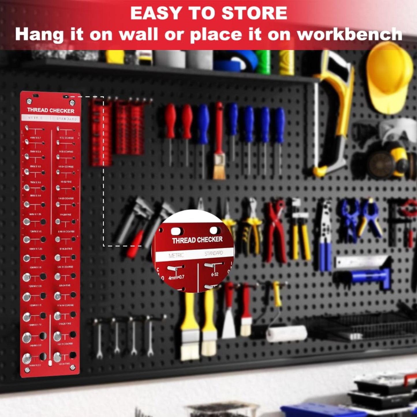 Nut and bolt thread checker hanging on a pegboard with tools, easy to store for quick identification of sizes.
