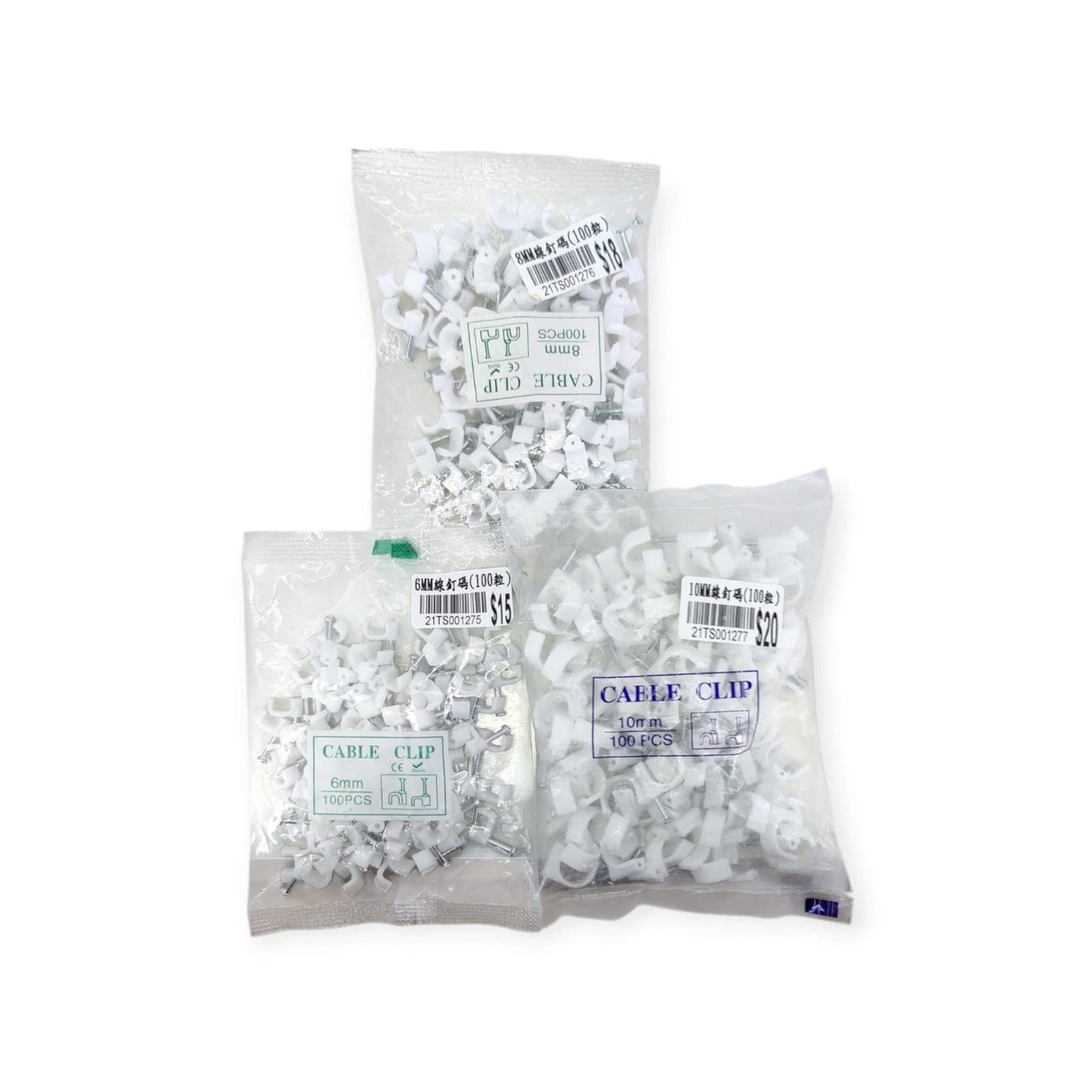 Three clear plastic bags of 100-count round nail cable clips, sizes 6mm, 8mm, and 10mm.