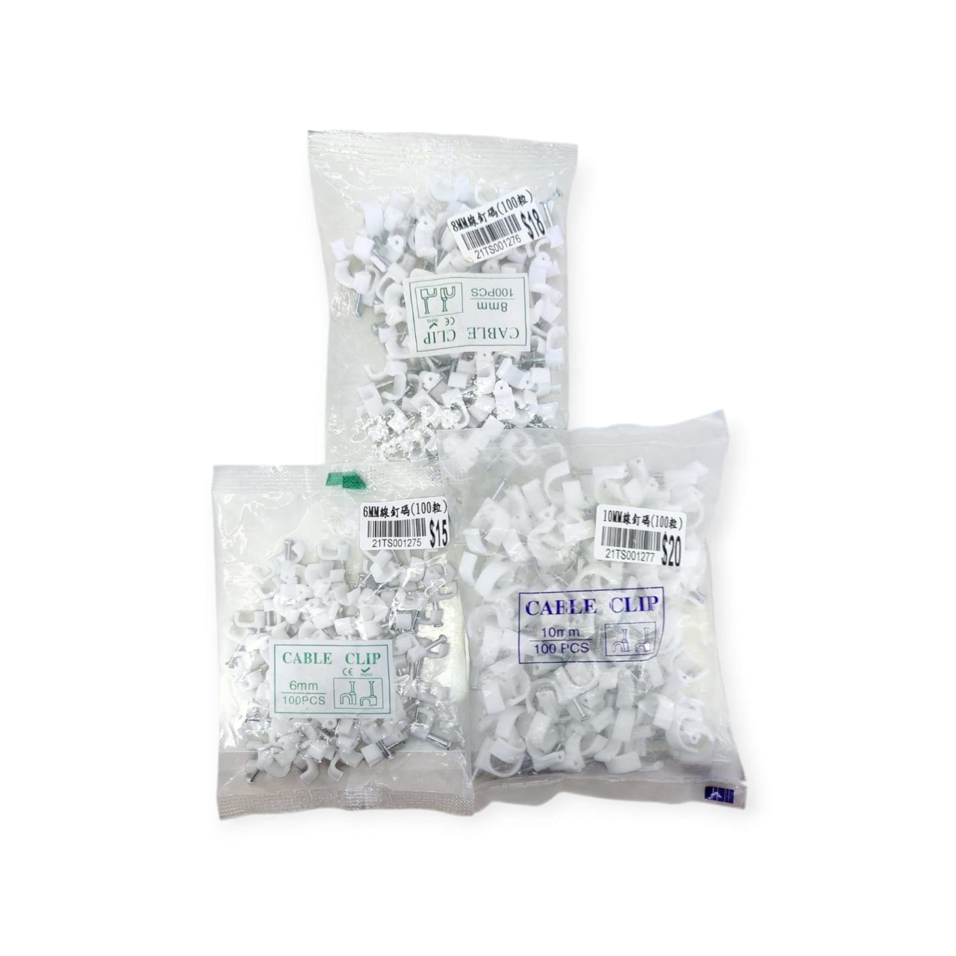 Three clear plastic bags of 100-count round nail cable clips, sizes 6mm, 8mm, and 10mm.