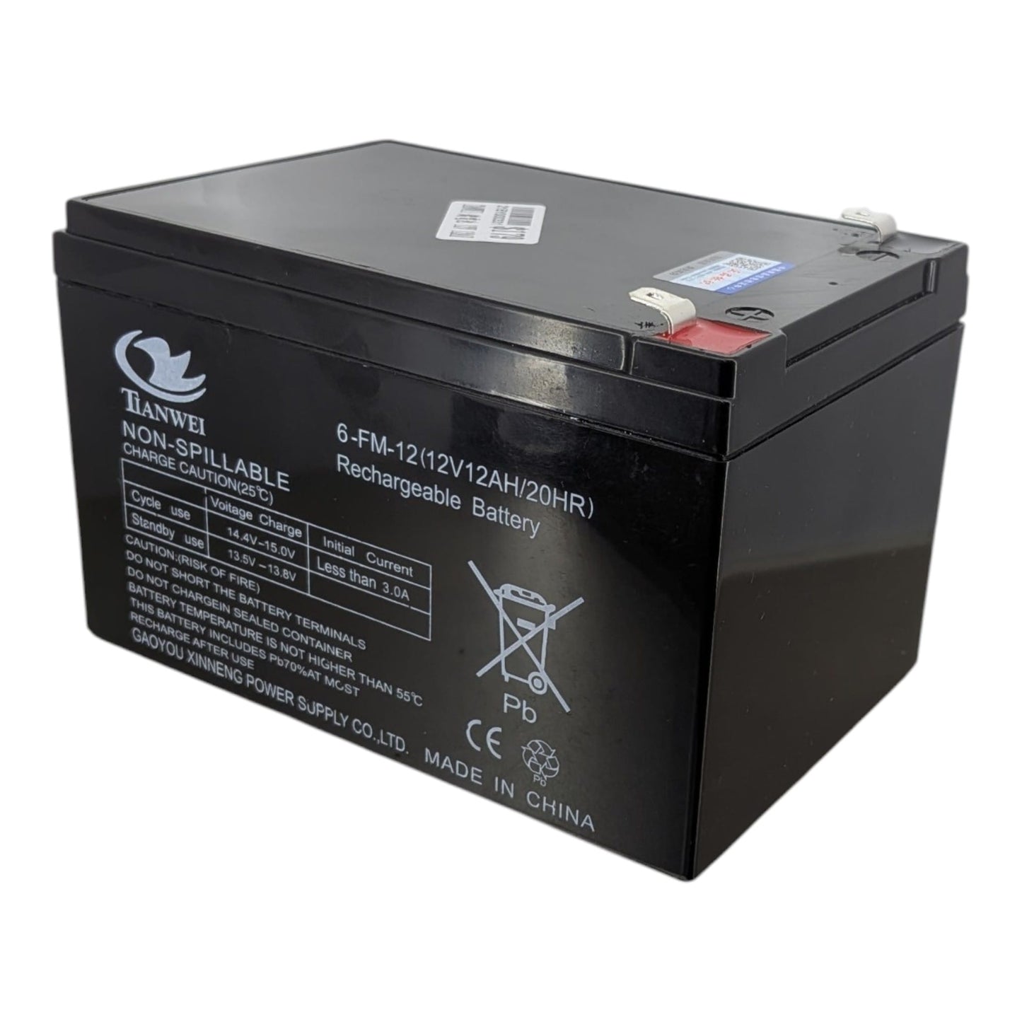 TIANWEI 12V 12Ah 鉛酸電池正面，顯示 6-FM-12 規格，專為企業 UPS 後備電源及 CCTV 監控系統設計。