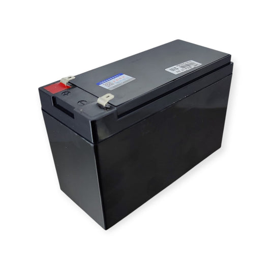 Black Tianwei 12V 8AH rechargeable battery, front angle, showing compact design and positive/negative terminals.