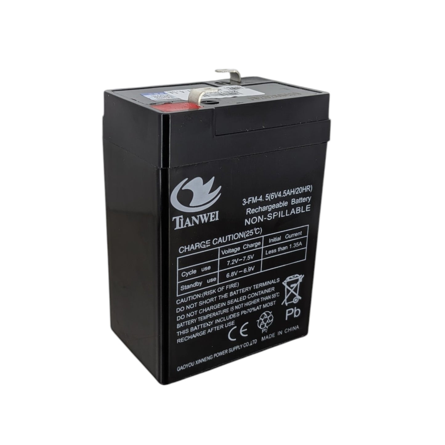 TIANWEI 6V 4.5Ah 鉛酸充電池 (3-FM-4.5) 外觀，適用於緊急照明或玩具車。深水埗門市提供現貨及技術支援。