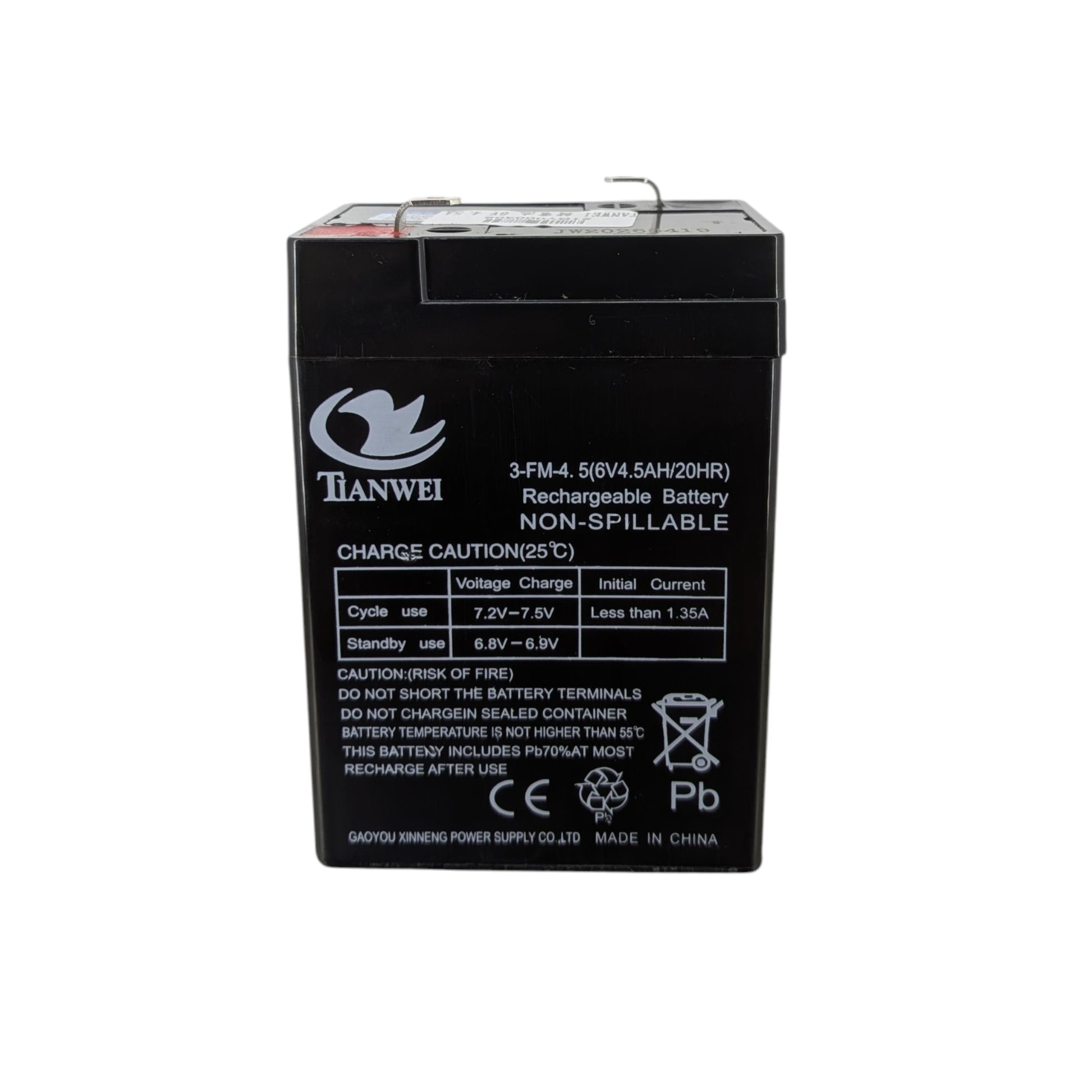 TIANWEI 6V 4.5Ah 電池正面規格標籤，清楚列明充電電壓及安全警告。歡迎向深水埗門市查詢接駁與應用方法。
